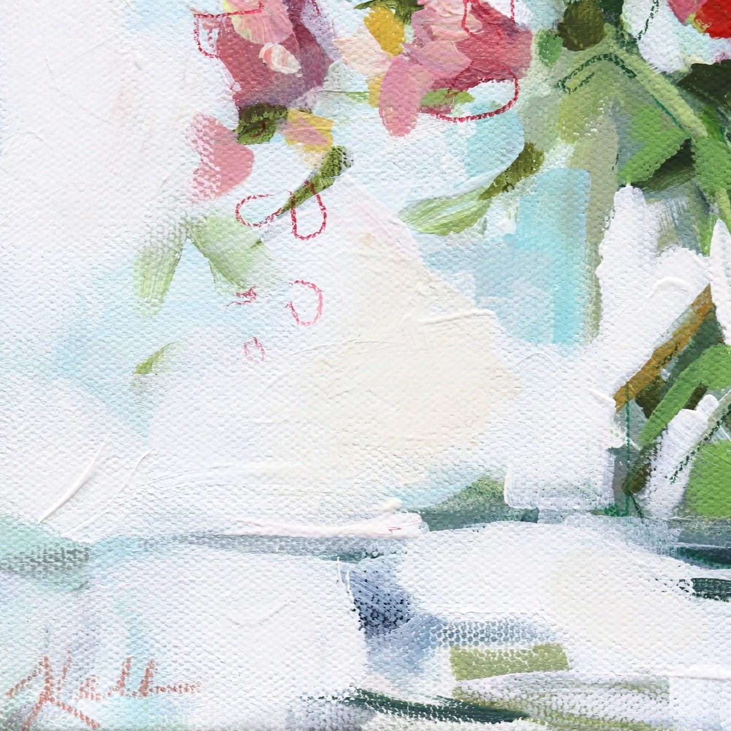 Rose delicate  - Quadro originale incorniciato di natura morta astratta floreale su tela in vendita 2