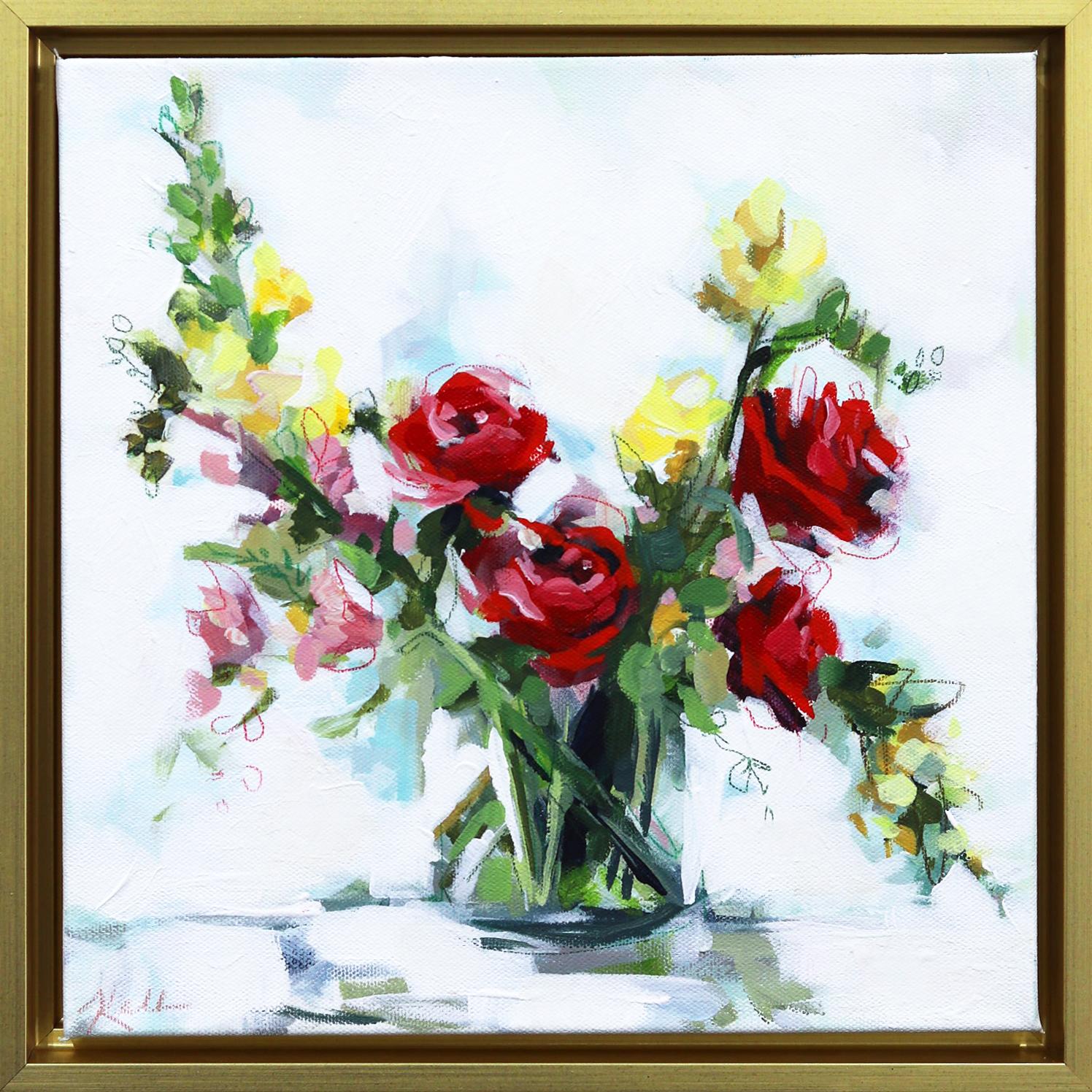 Delicate Roses  - Original Framed Abstract Floral Still Life Painting on Canvas