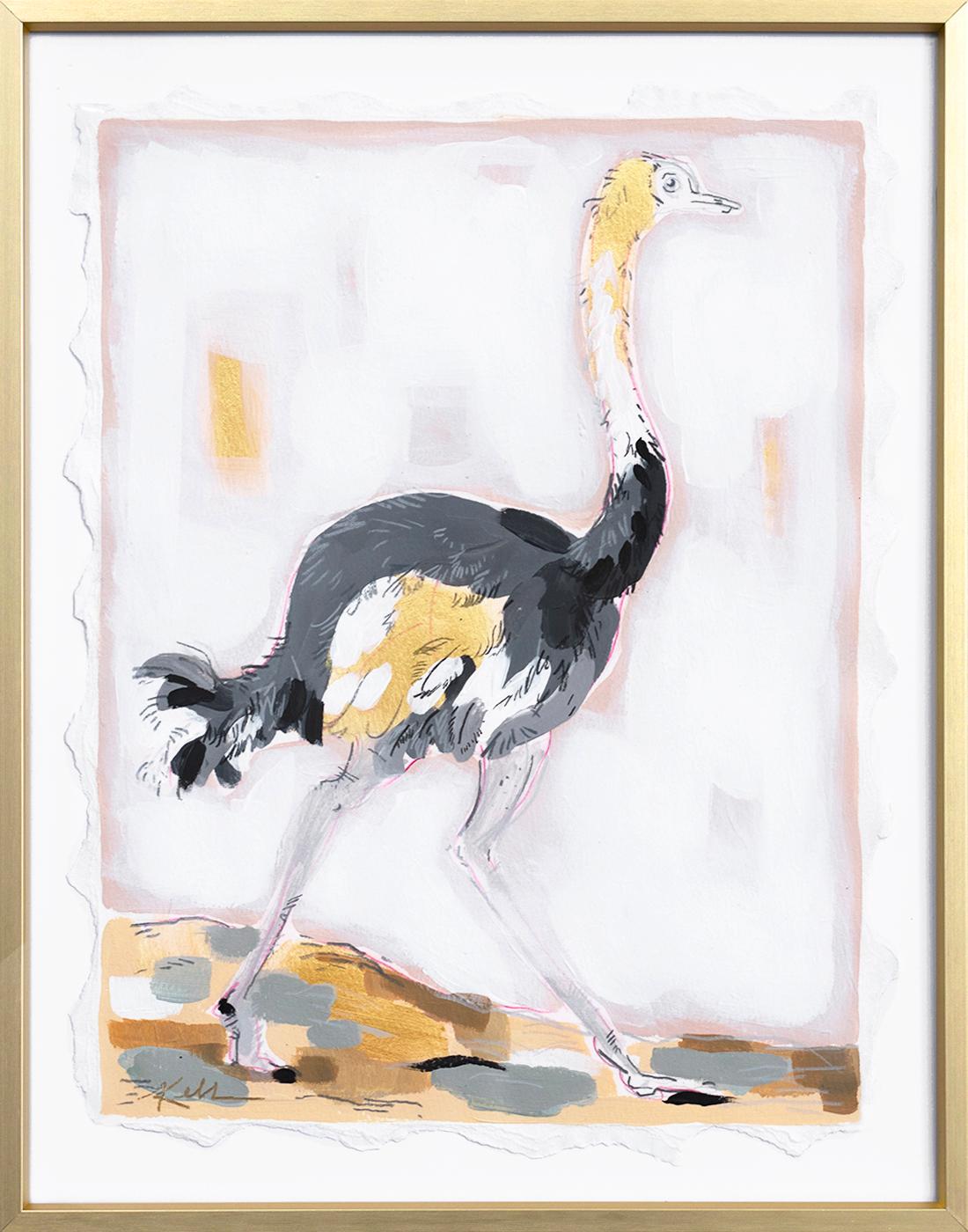 Figurative Painting Kellie Newsome - Oiseau élégant tourné vers la droite  - Peinture originale encadrée - Animaux sauvages sur papier