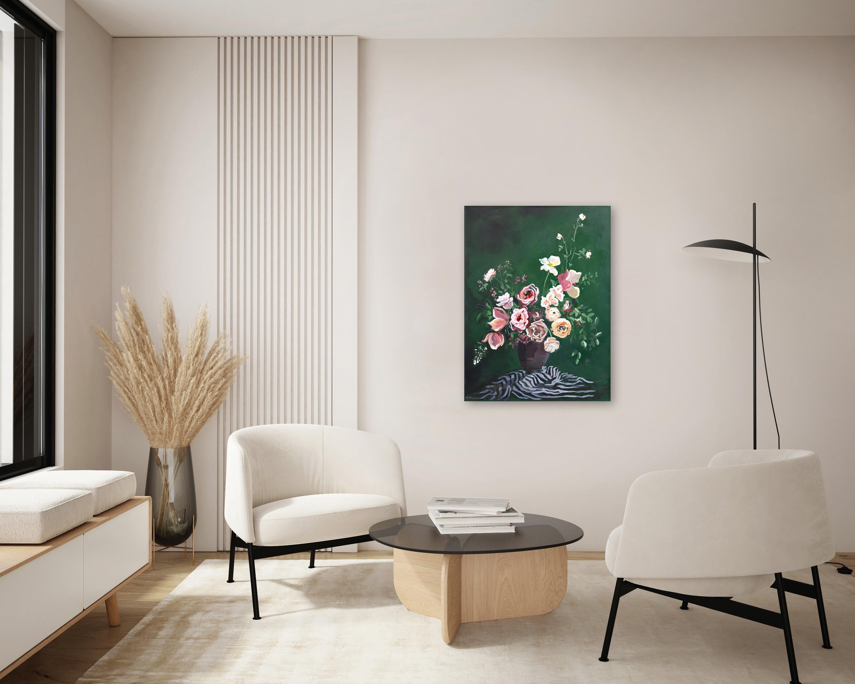 Grünes florales impressionistisches botanisches Stillleben mit Blumenmuster – Herbst in Smaragdgrün im Angebot 2