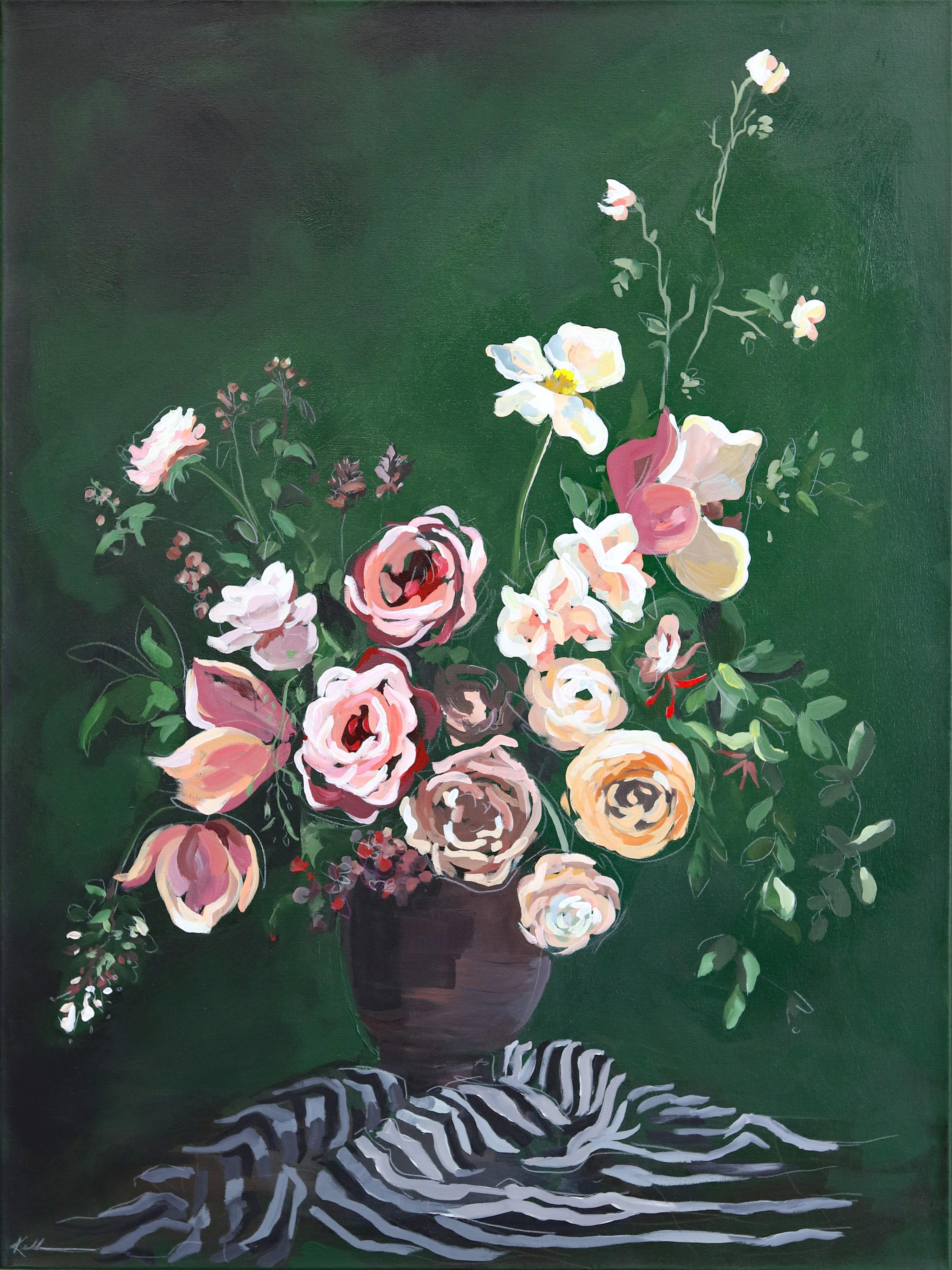 Kellie Newsome Interior Painting – Grünes florales impressionistisches botanisches Stillleben mit Blumenmuster – Herbst in Smaragdgrün