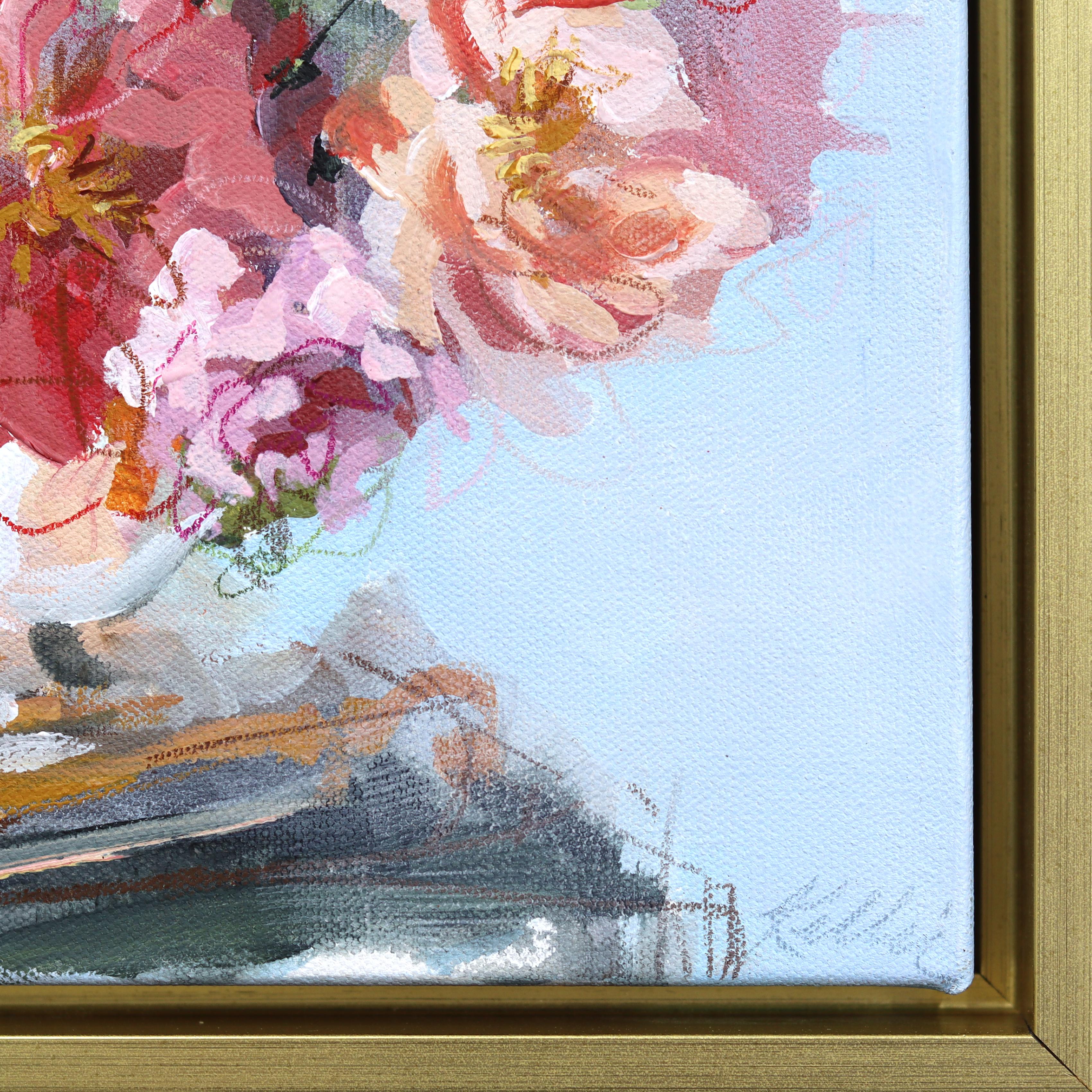 Flower Study - Framed Abstract Colorful Still Life Mixed Media Artwork on Canvas For Sale 2