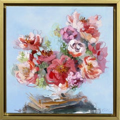 Studio di fiori - opera d'arte astratta colorata in tecnica mista su tela, incorniciata, di natura morta