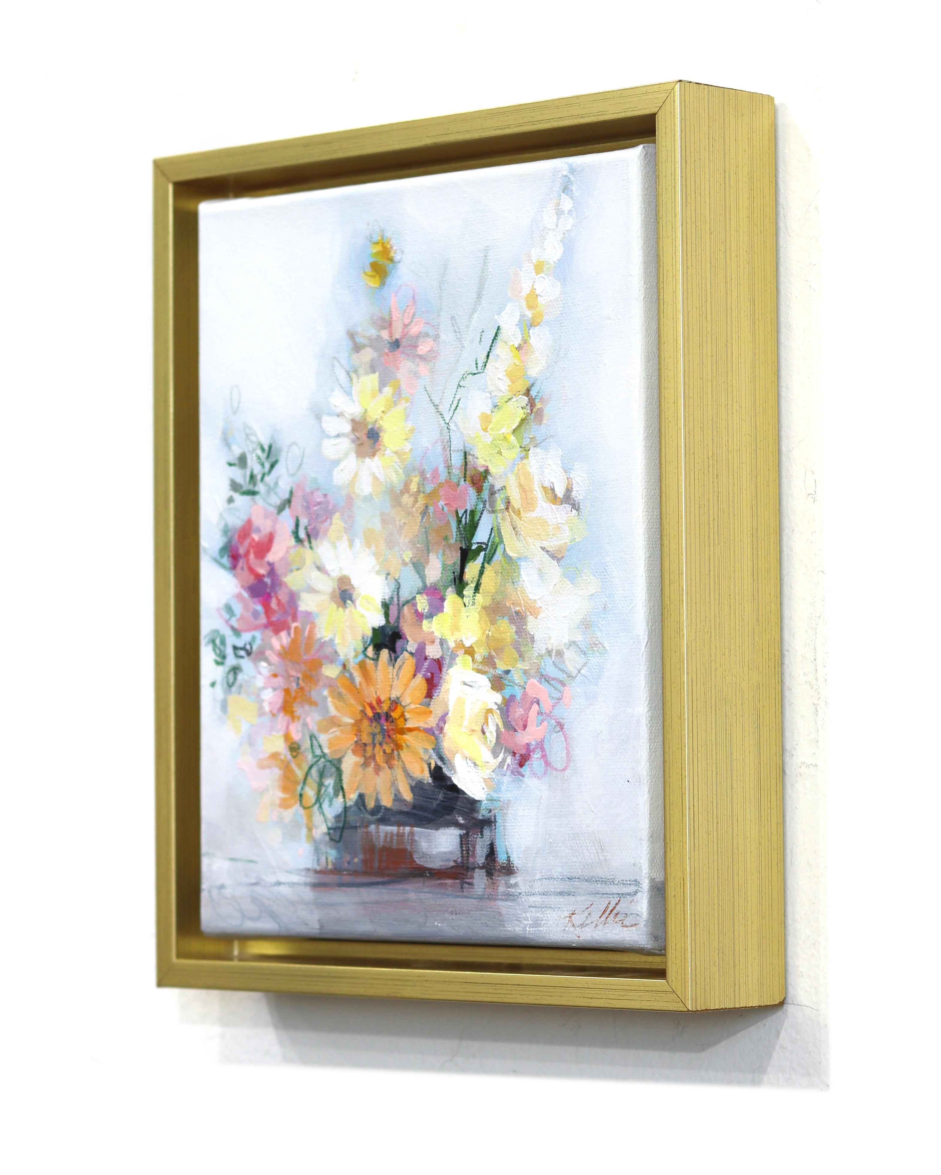 Blumen & Töpferwaren - Gerahmte bunte Stillleben Mixed Media Kunstwerk auf Leinwand im Angebot 1