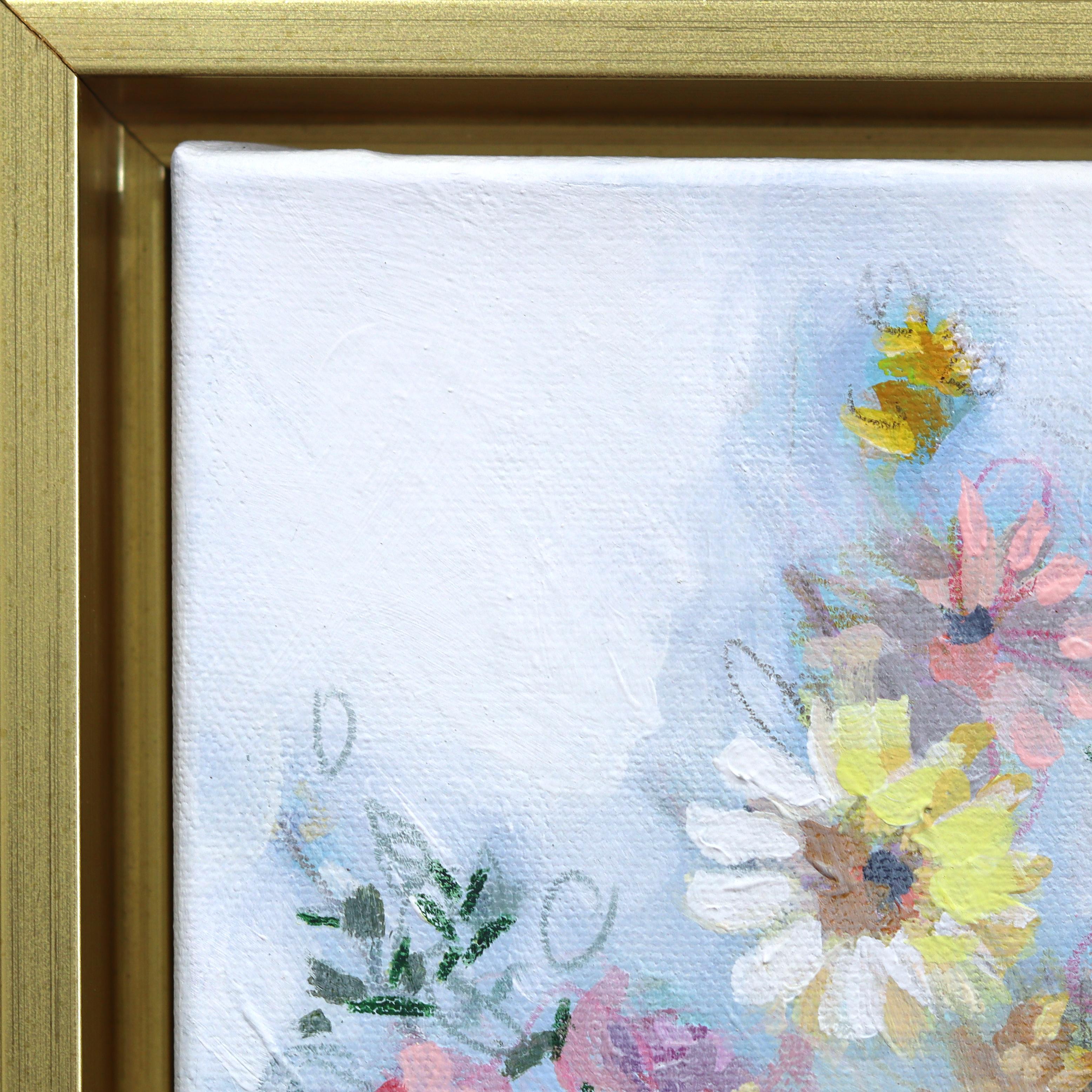 Blumen & Töpferwaren - Gerahmte bunte Stillleben Mixed Media Kunstwerk auf Leinwand im Angebot 2