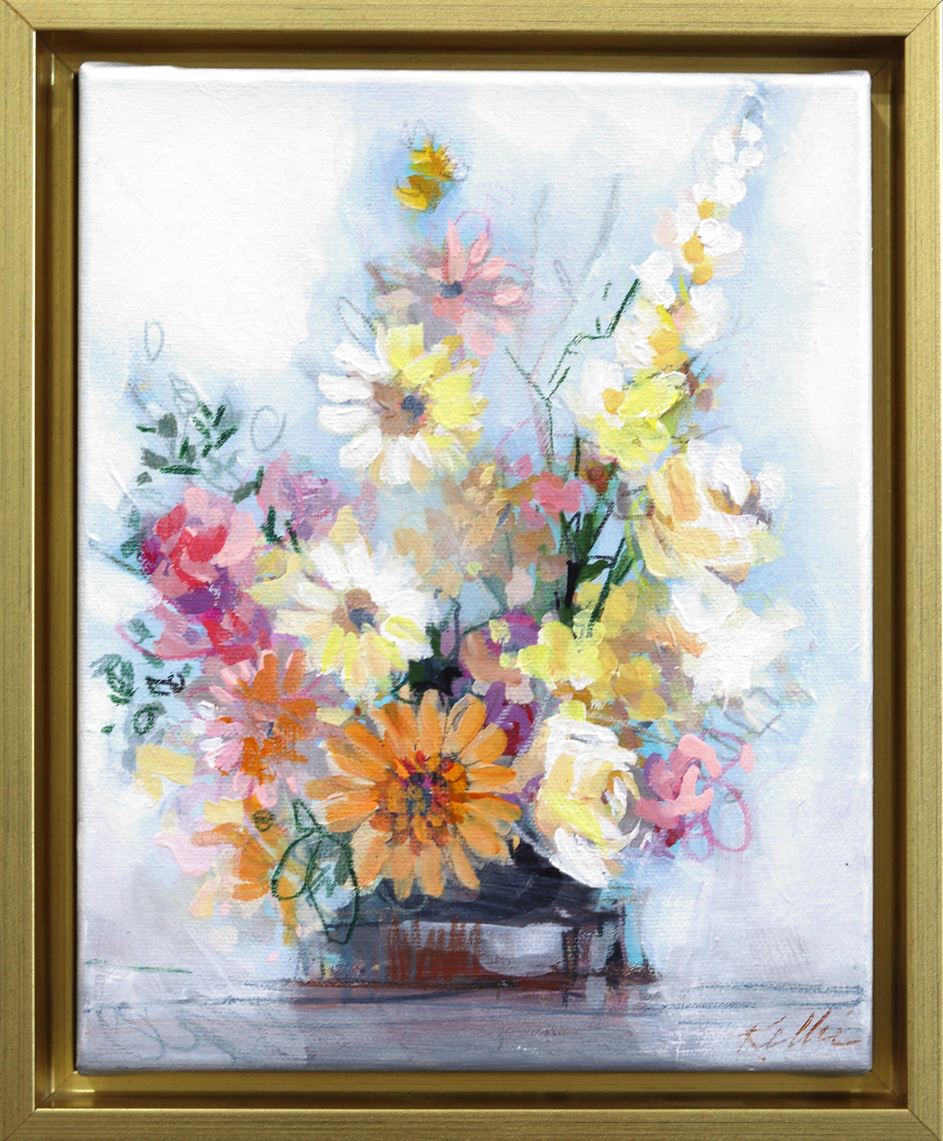 Blumen & Töpferwaren - Gerahmte bunte Stillleben Mixed Media Kunstwerk auf Leinwand