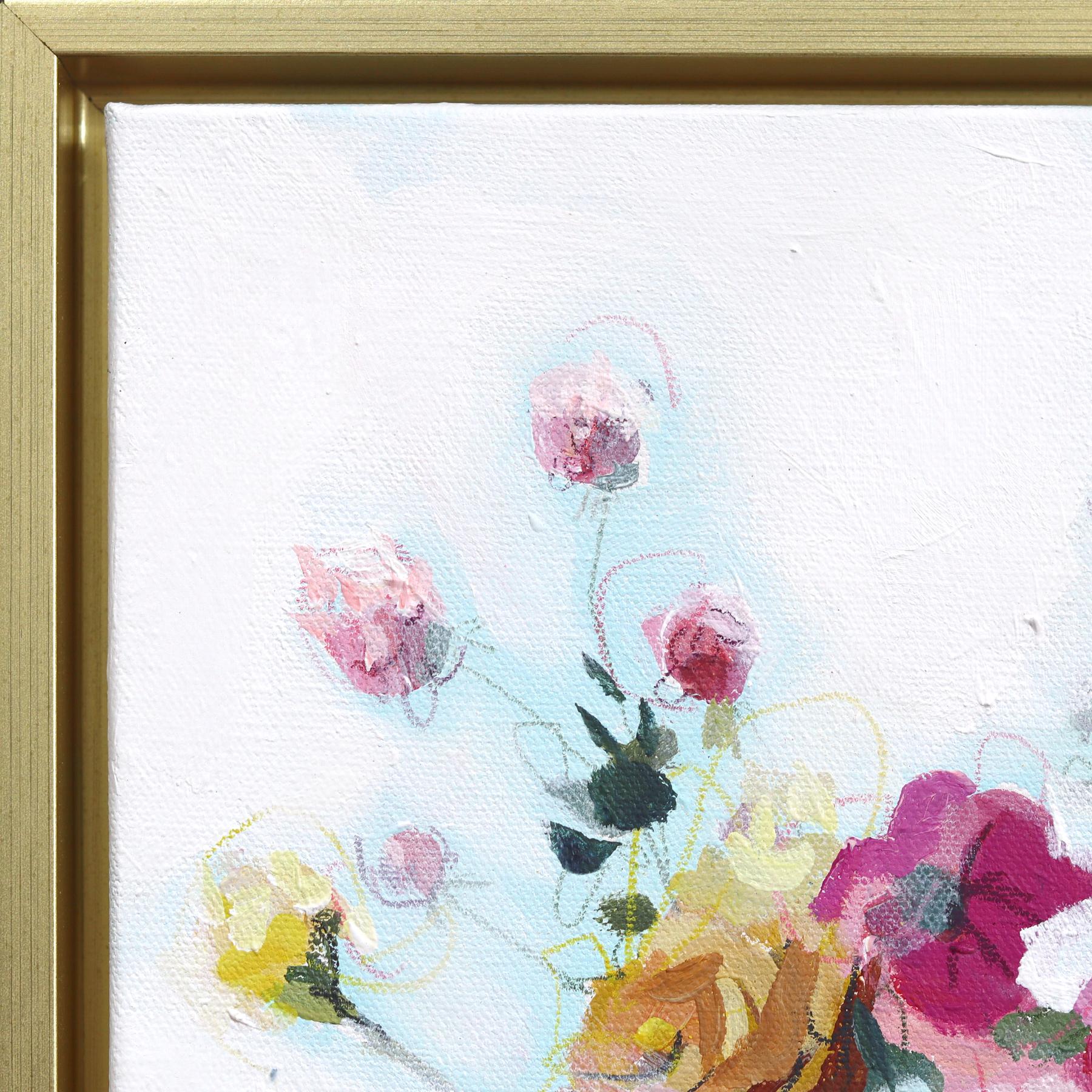 Flowers With Ruffles - Framed Abstract Colorful Still Life Mixed Media Artwork - Contemporary Painting by Kellie Newsome