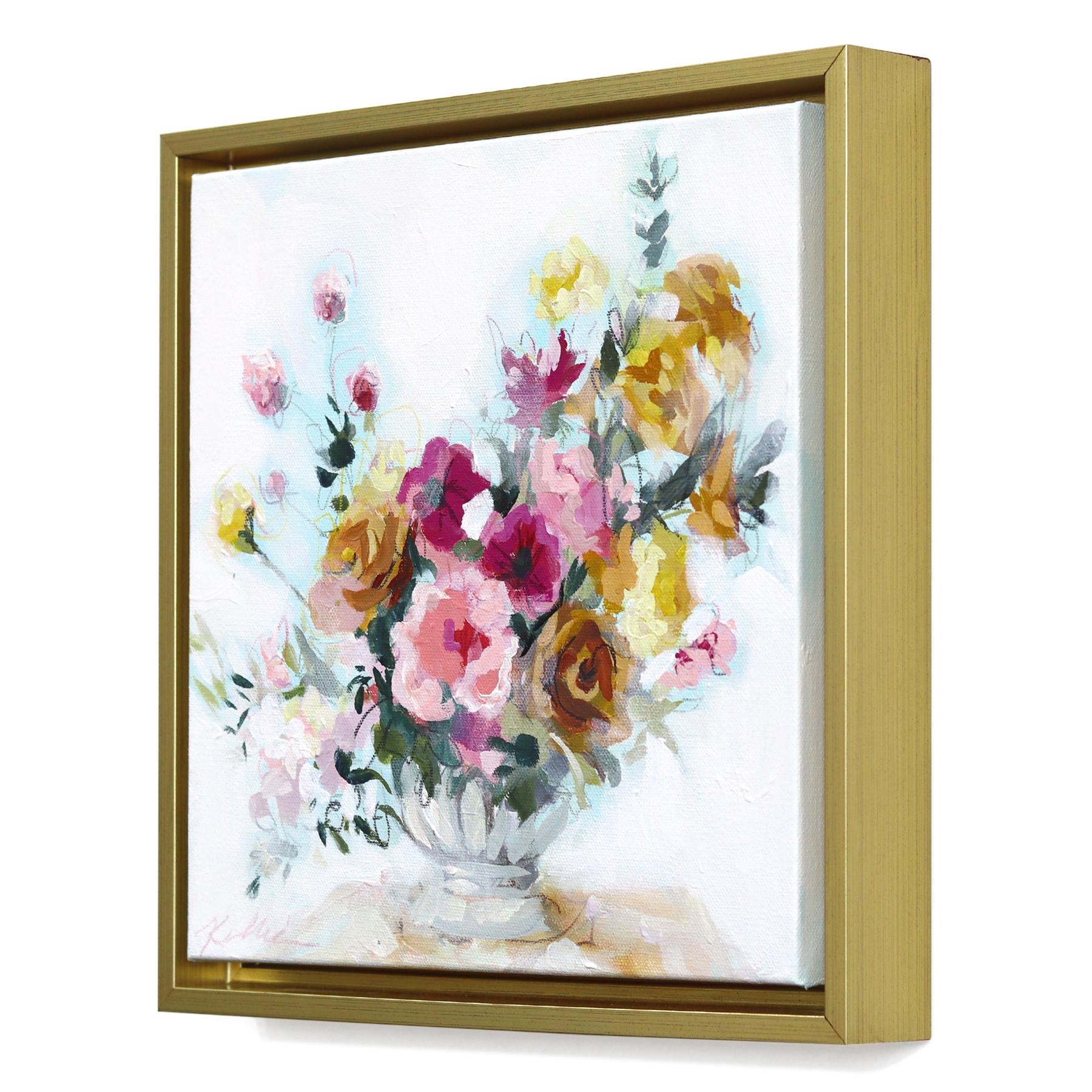 Flowers With Ruffles - Framed Abstract Colorful Still Life Mixed Media Artwork - Beige Still-Life Painting by Kellie Newsome