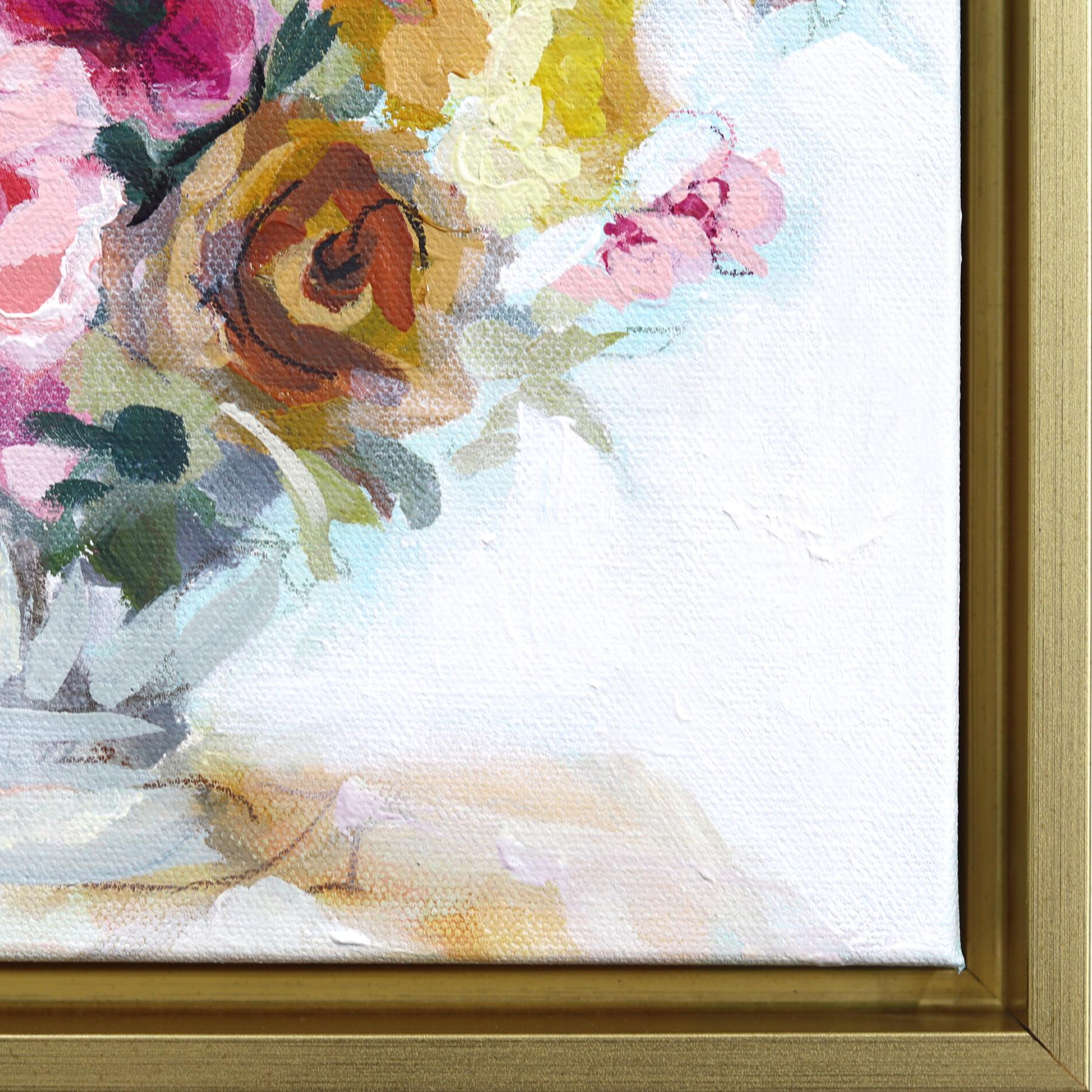 Flowers With Ruffles - Framed Abstract Colorful Still Life Mixed Media Artwork For Sale 3