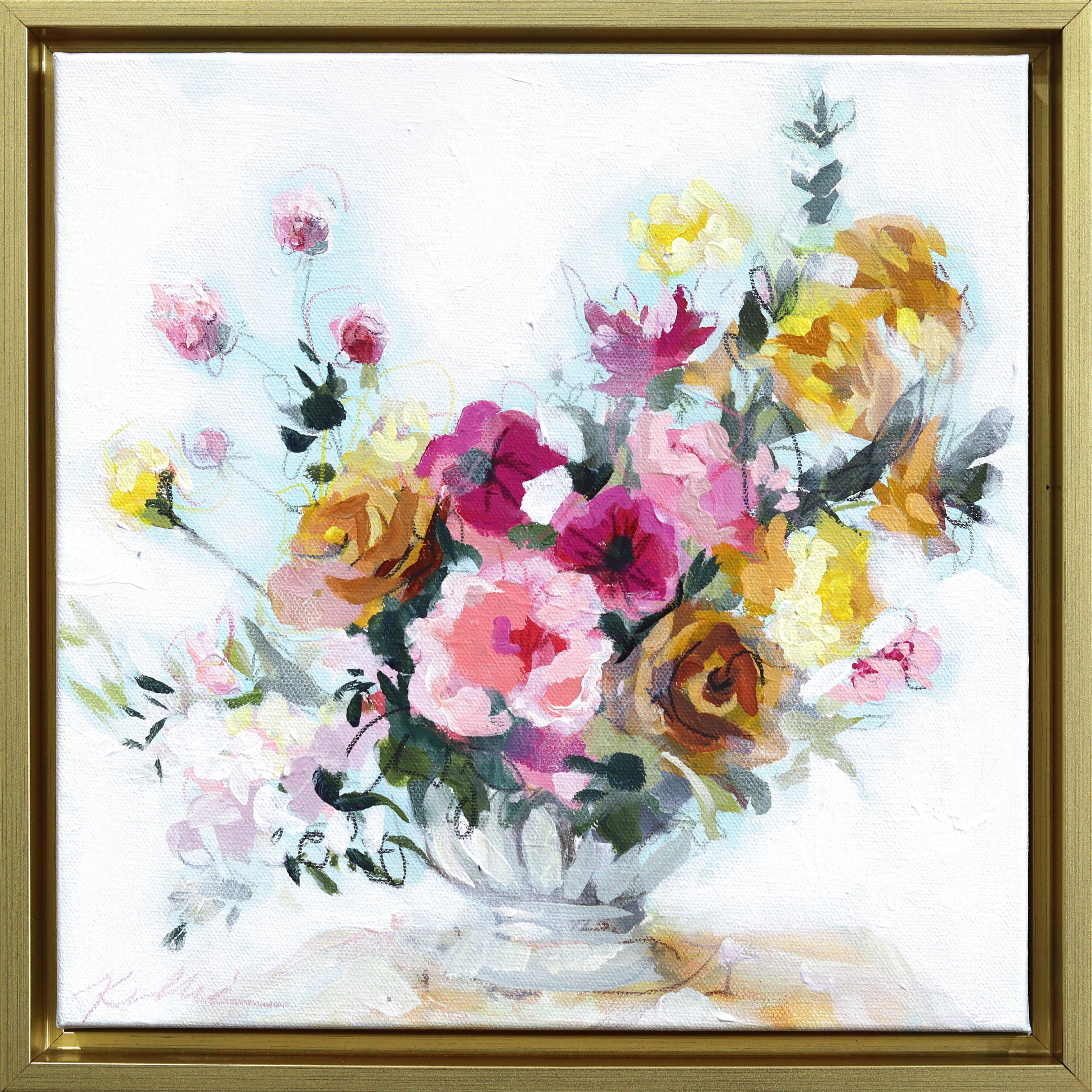 Blumen mit Rüschen - Gerahmt Abstrakt Buntes Stillleben Gemischte Medien Kunstwerk