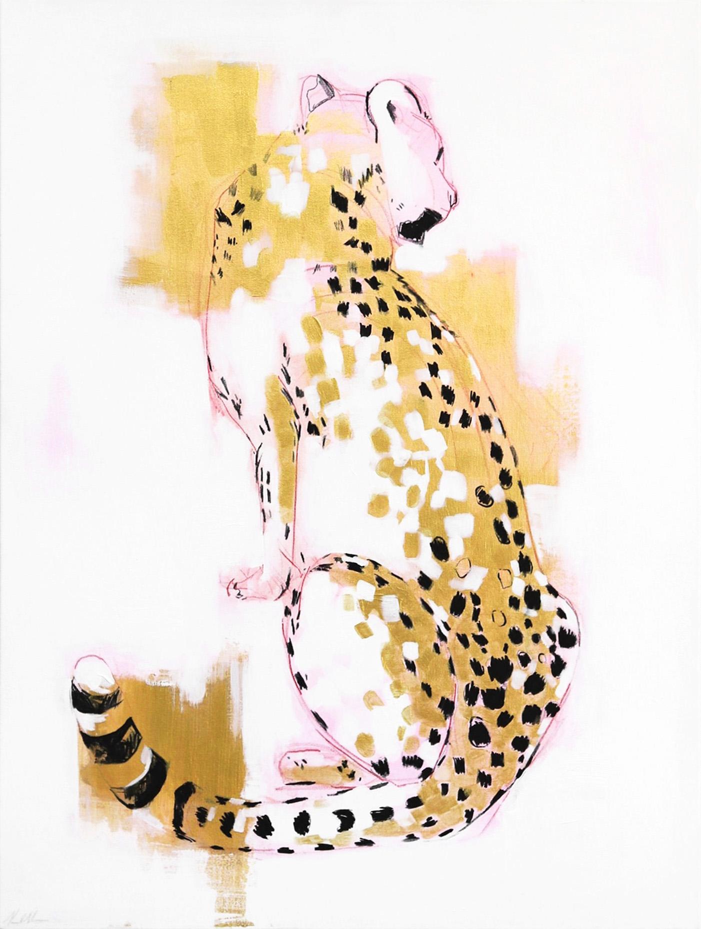 Goldfarbenes und kühnes Cheetah - Originales großes Wildtiergemälde in Rosa, Cheetah