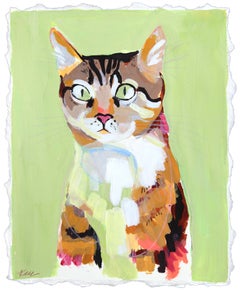 Qui Kitty -  Gatto verde figurativo dipinto su carta