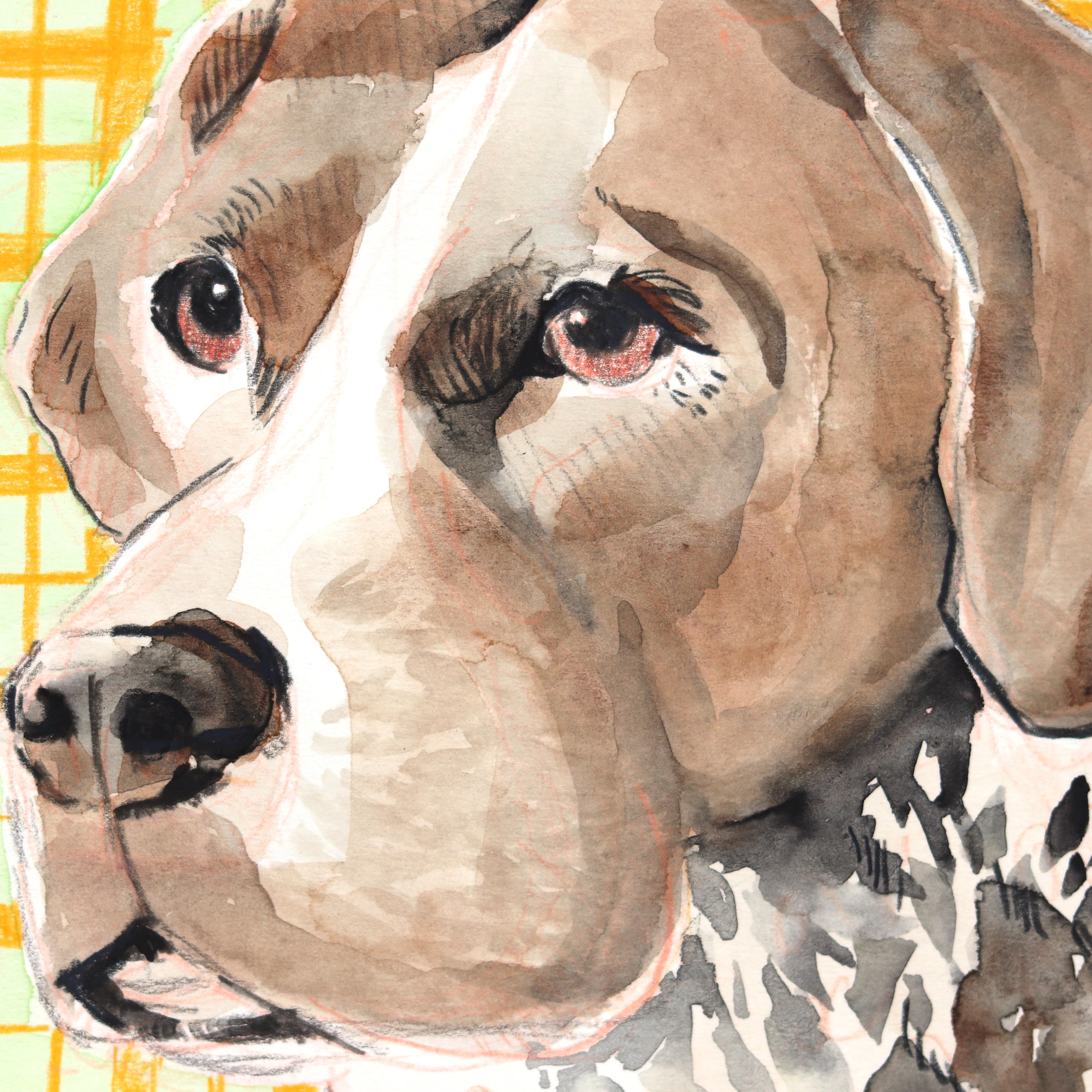Hunter - Ritratto di cane dipinto su carta - Animal Painting Beige di Kellie Newsome