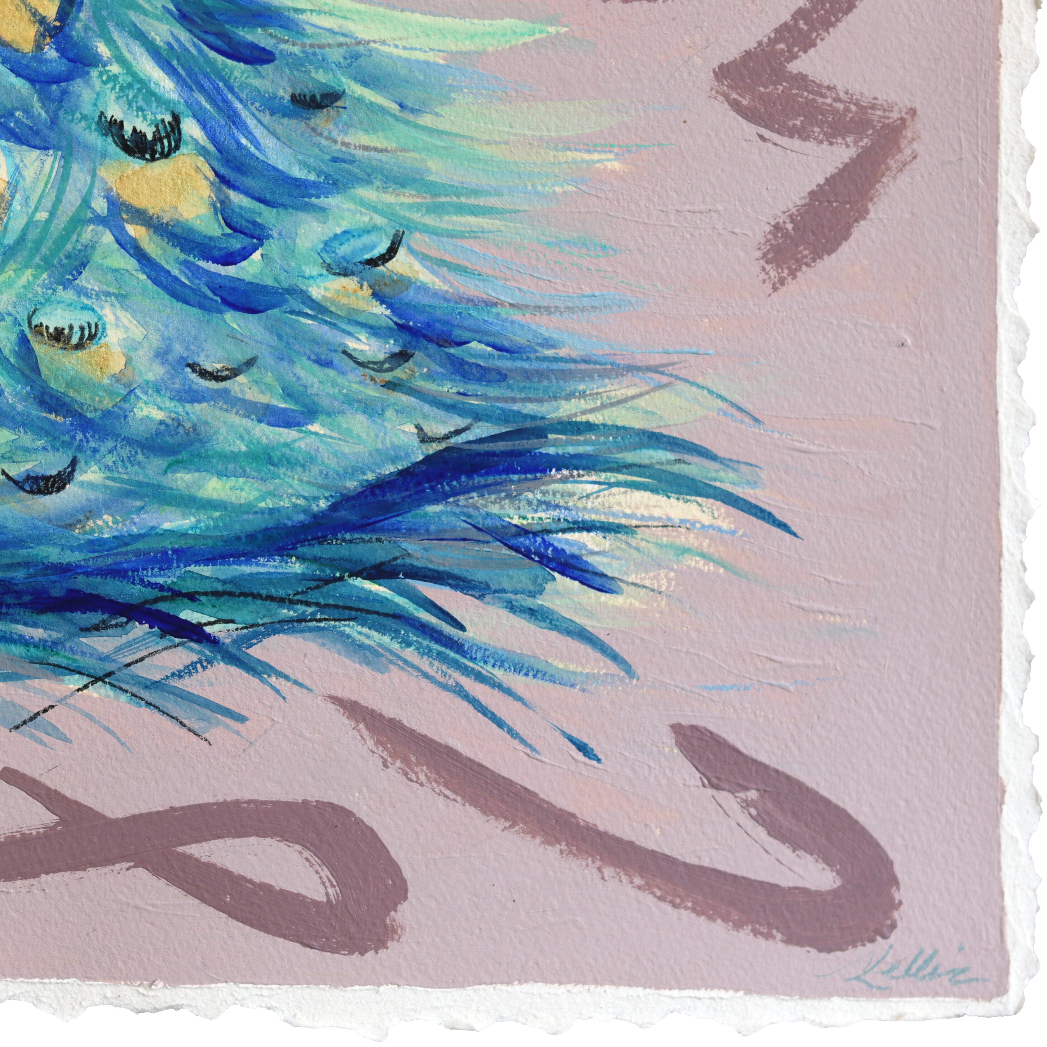 Beeindruckendes Federkleid - Original Pfauenporträt Gemälde auf Papier im Angebot 1