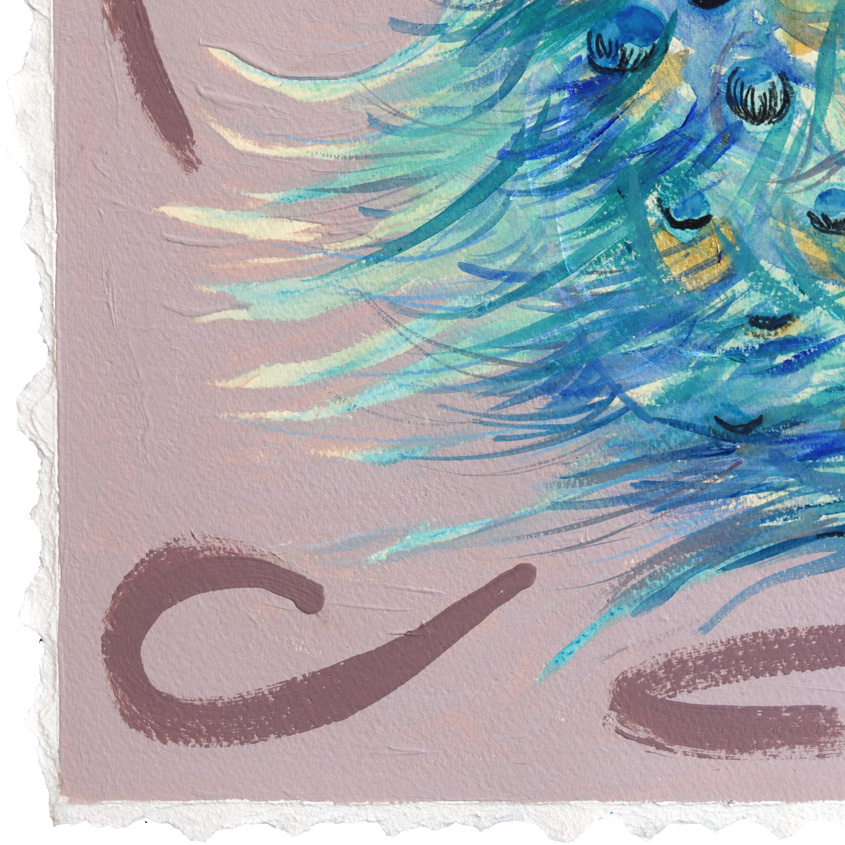 Beeindruckendes Federkleid - Original Pfauenporträt Gemälde auf Papier im Angebot 2