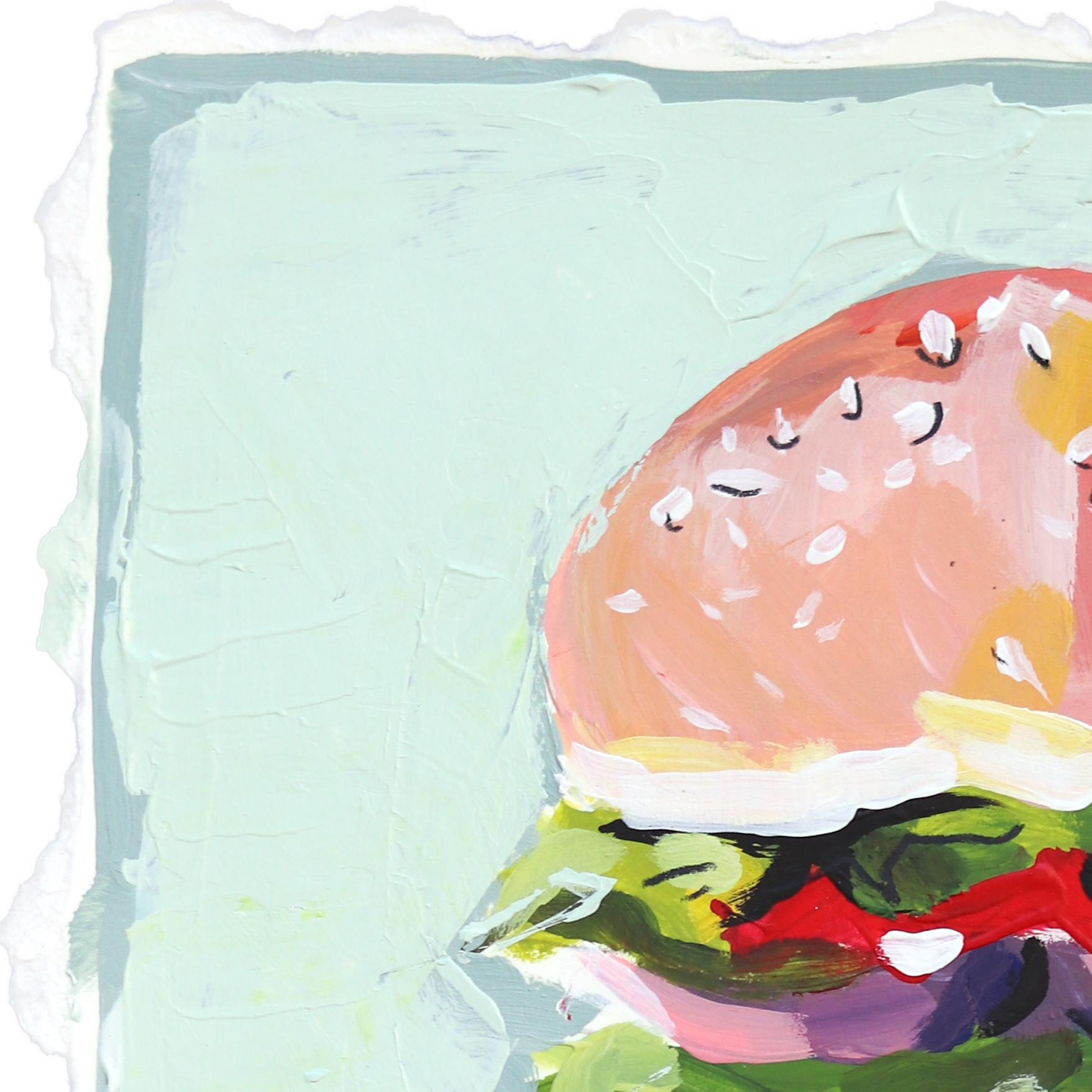 Just A Snack - Abstracto Colorido Juguetón Hamburguesa Bodegón Pintura sobre Papel - Painting de Kellie Newsome