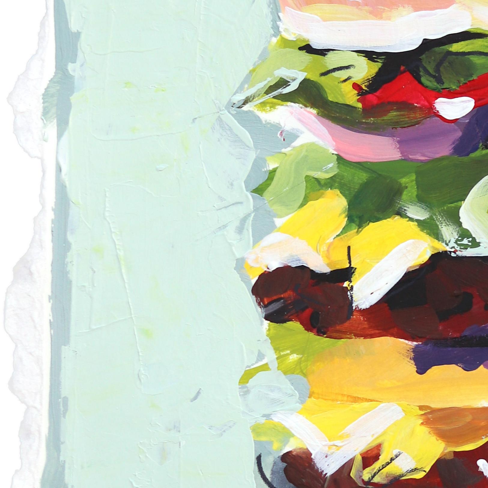 Just A Snack - Abstracto Colorido Juguetón Hamburguesa Bodegón Pintura sobre Papel en venta 1