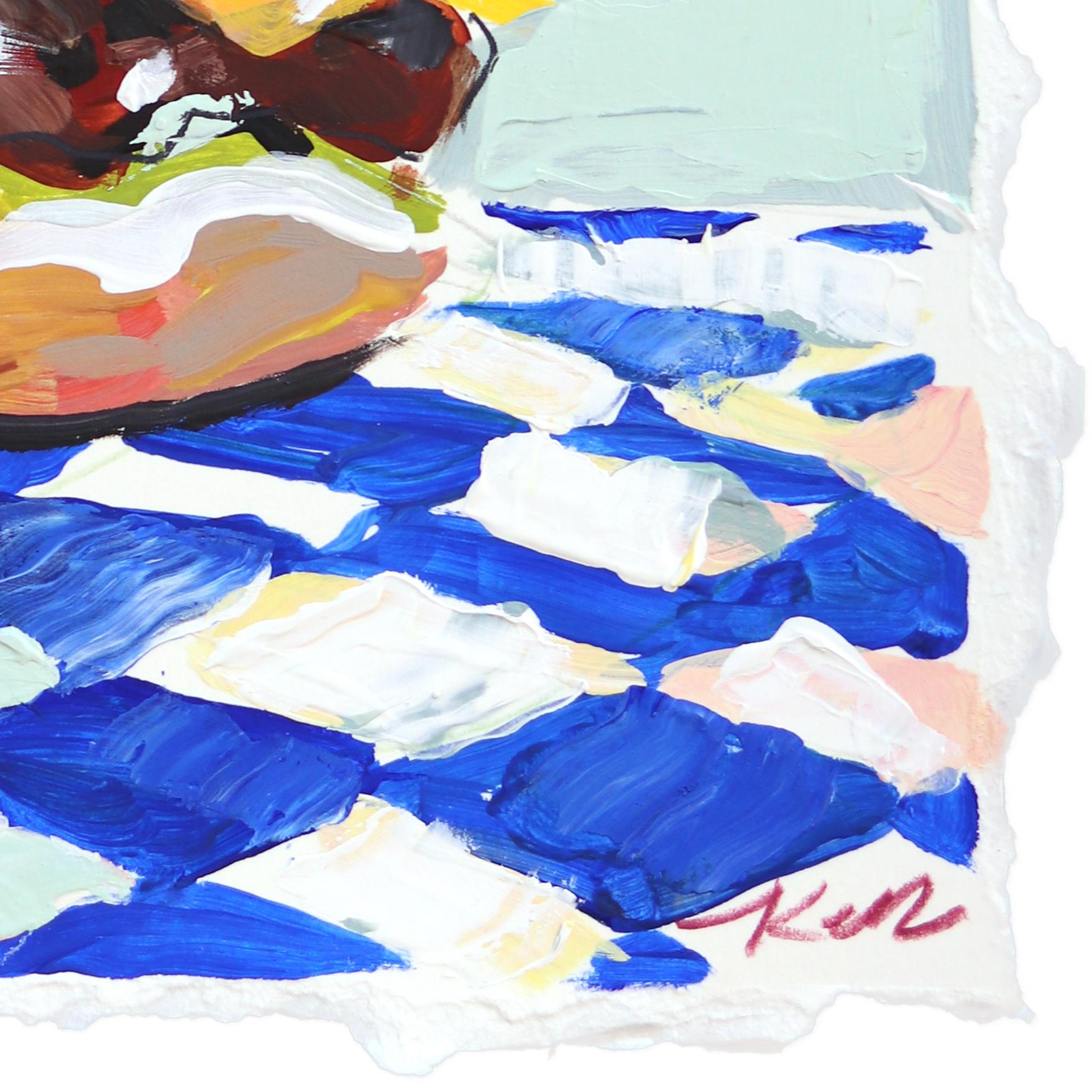 Just A Snack - Abstracto Colorido Juguetón Hamburguesa Bodegón Pintura sobre Papel en venta 2