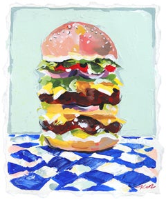 Just A Snack - Natura morta astratta colorata e giocosa di hamburger dipinta su carta