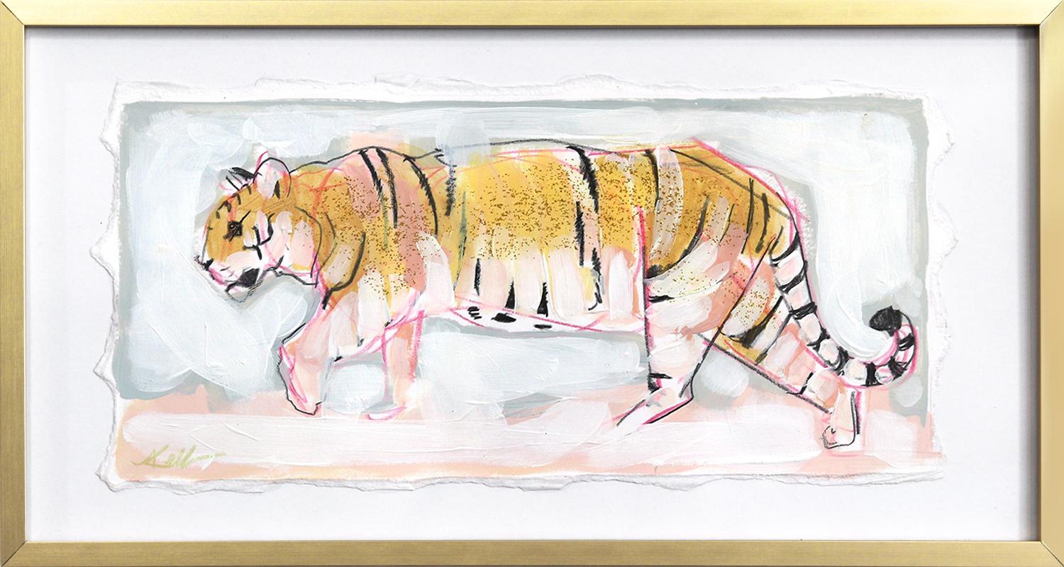 Animal Painting Kellie Newsome - Kitty Purr  - Peinture originale encadrée - Animaux sauvages sur papier