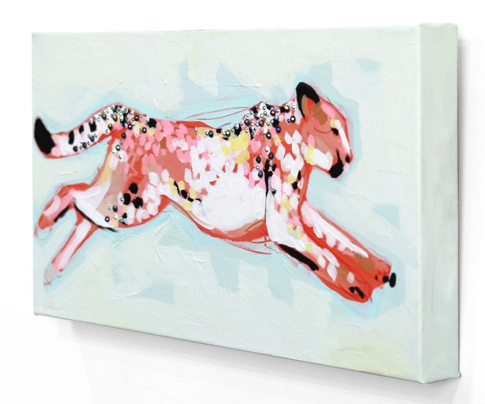 Leaping Love - Colorful Cheetah Leaping Across The Canvas For Sale 1