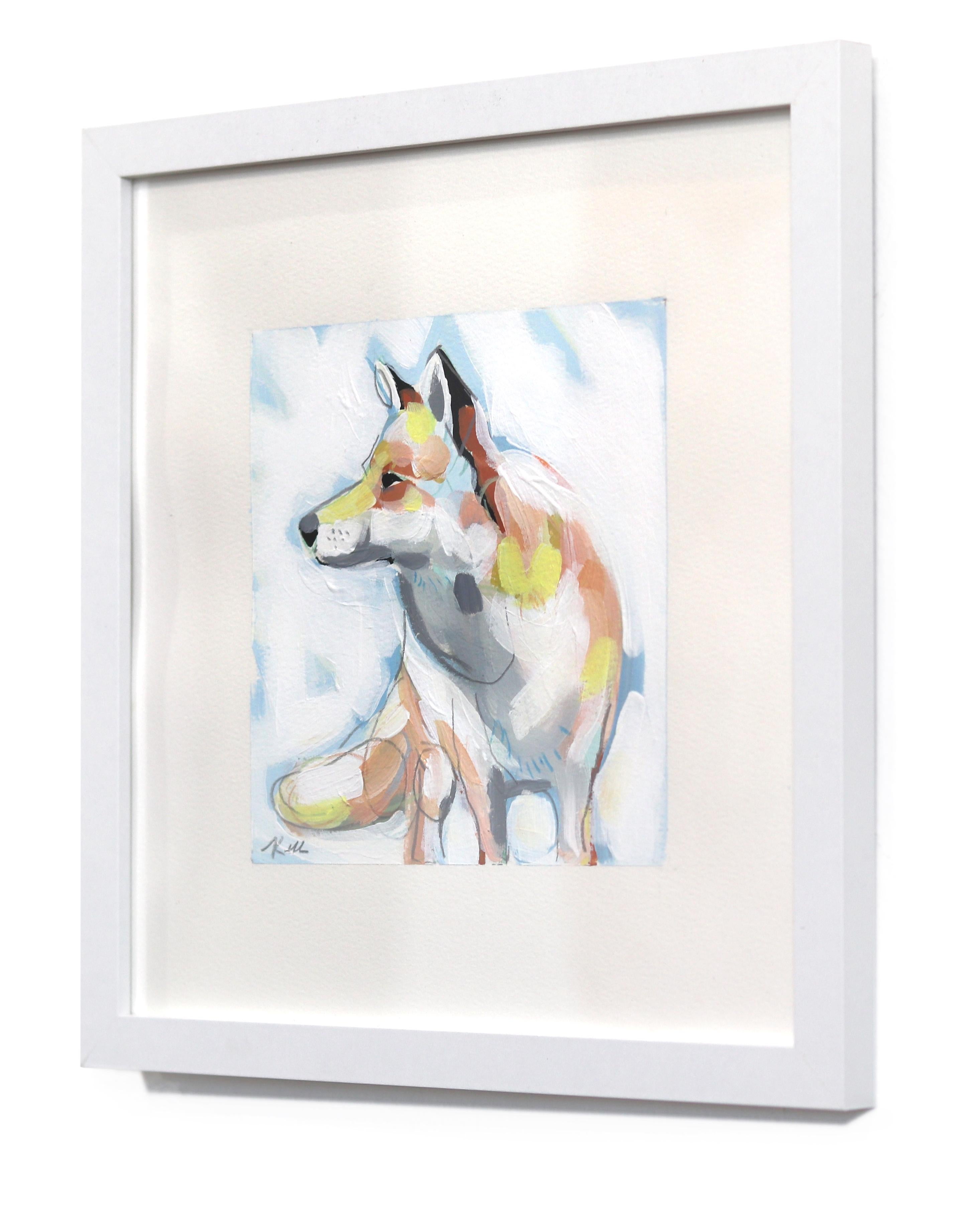 Petit renard - Peinture abstraite sur papier encadrée - Gris Animal Painting par Kellie Newsome