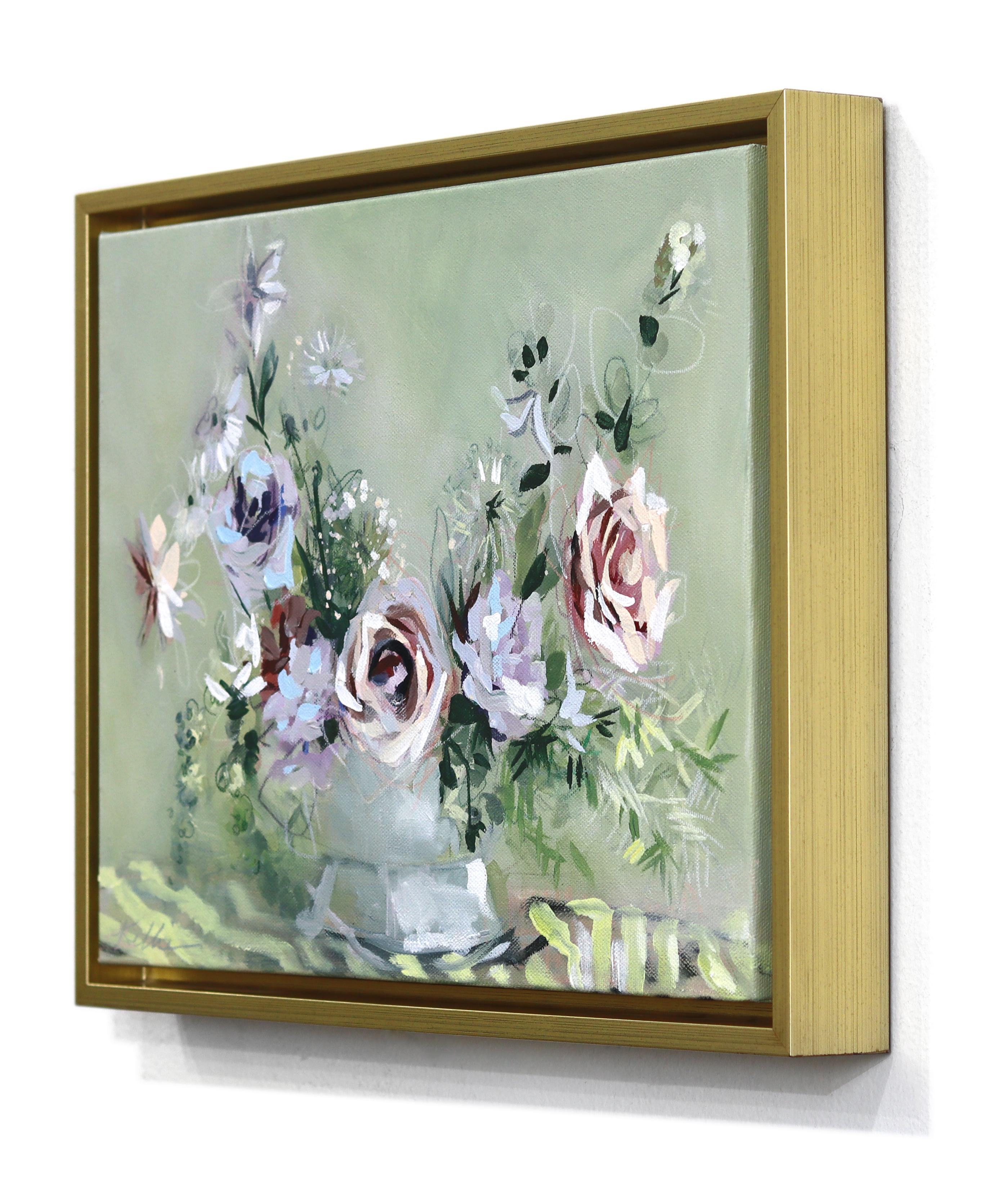 Mint Julep - Framed Abstract Sage Green Botanical Floral Still Life Painting For Sale 1