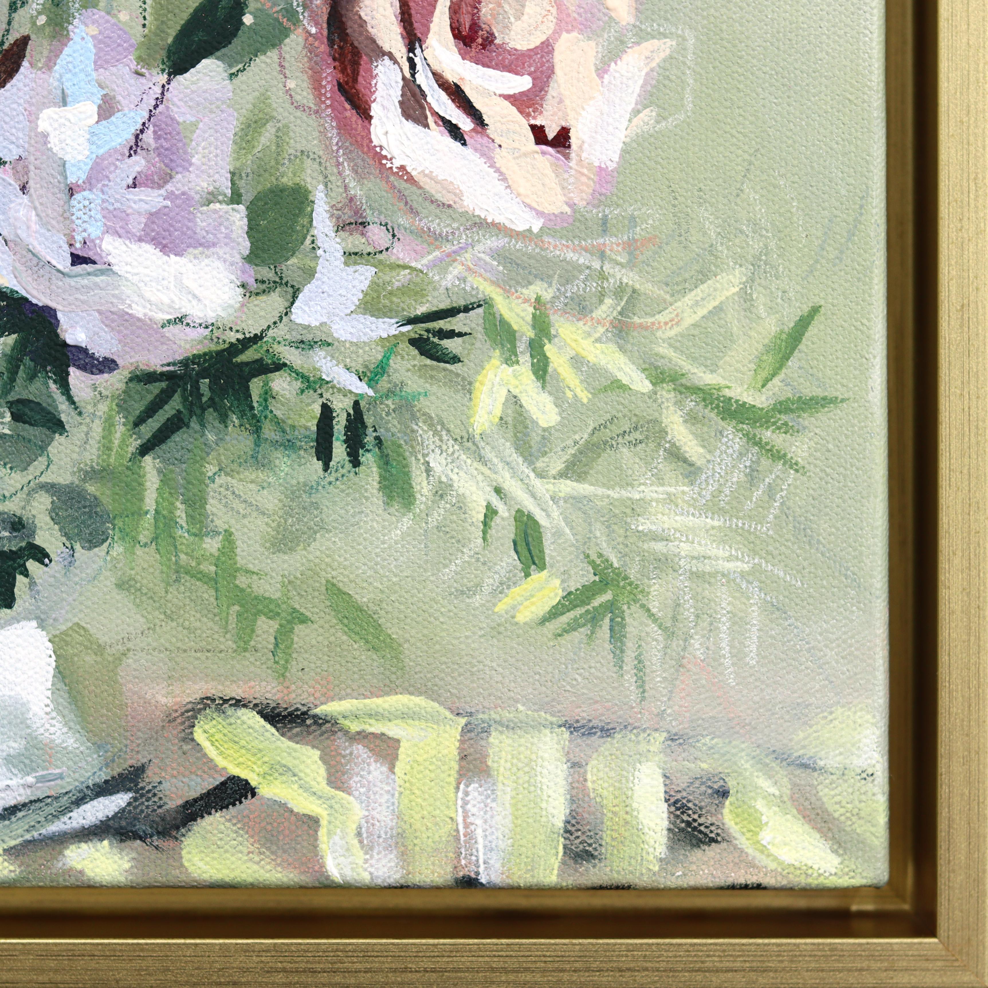 Mint Julep - Framed Abstract Sage Green Botanical Floral Still Life Painting For Sale 2