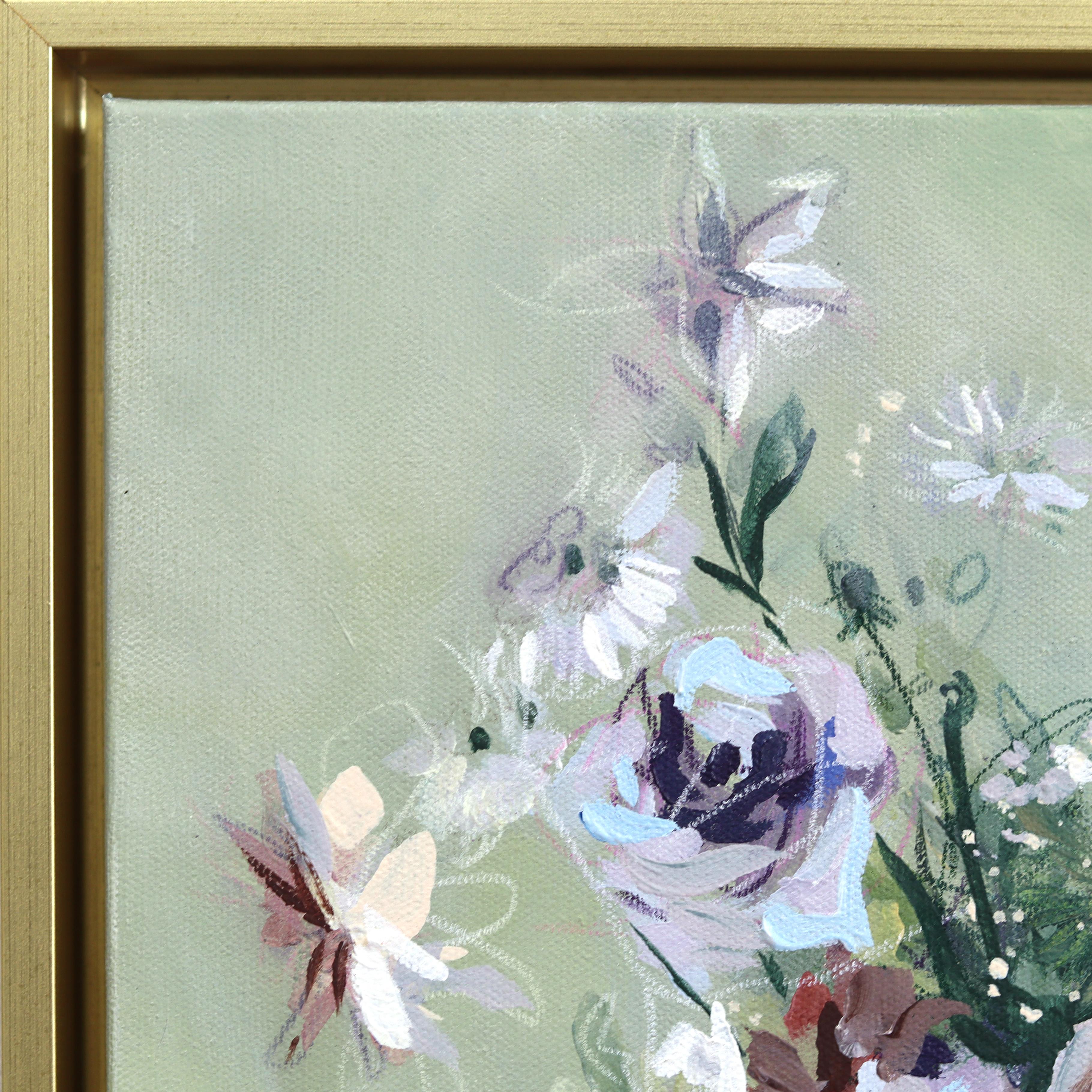 Mint Julep - Framed Abstract Sage Green Botanical Floral Still Life Painting For Sale 4