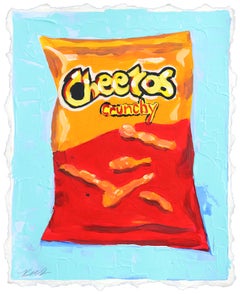 Dita arancioni - Natura morta astratta vibrante e giocosa di Cheetos dipinta su carta