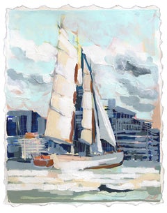 Out in the Harbor - Original Seascape Cool Tone Mixed Media Painting on Paper