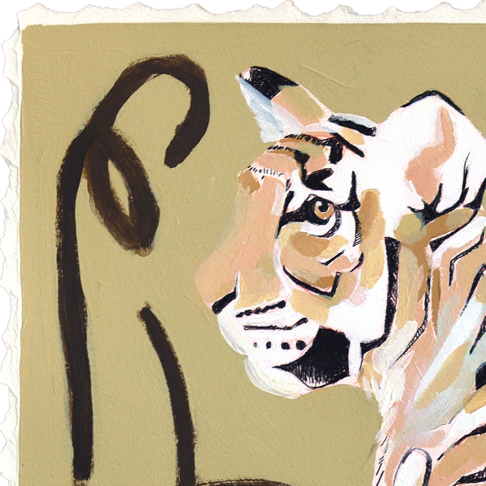 Pfoten und Streifen - Wildkatze Porträt Mixed Media Warm Tone Malerei auf Papier – Painting von Kellie Newsome