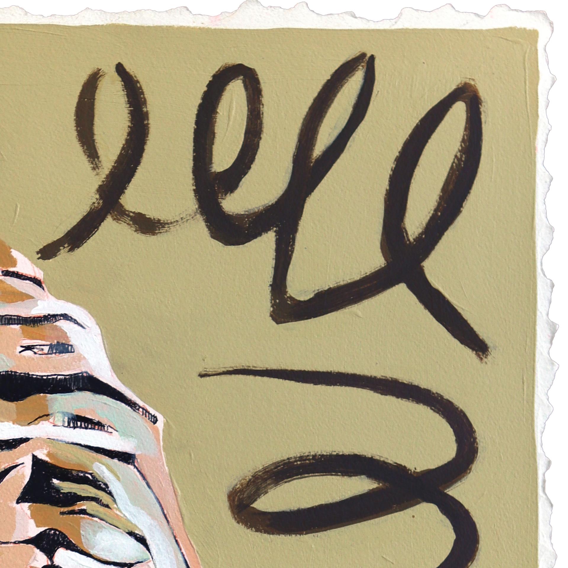 Pfoten und Streifen - Wildkatze Porträt Mixed Media Warm Tone Malerei auf Papier (Zeitgenössisch), Painting, von Kellie Newsome