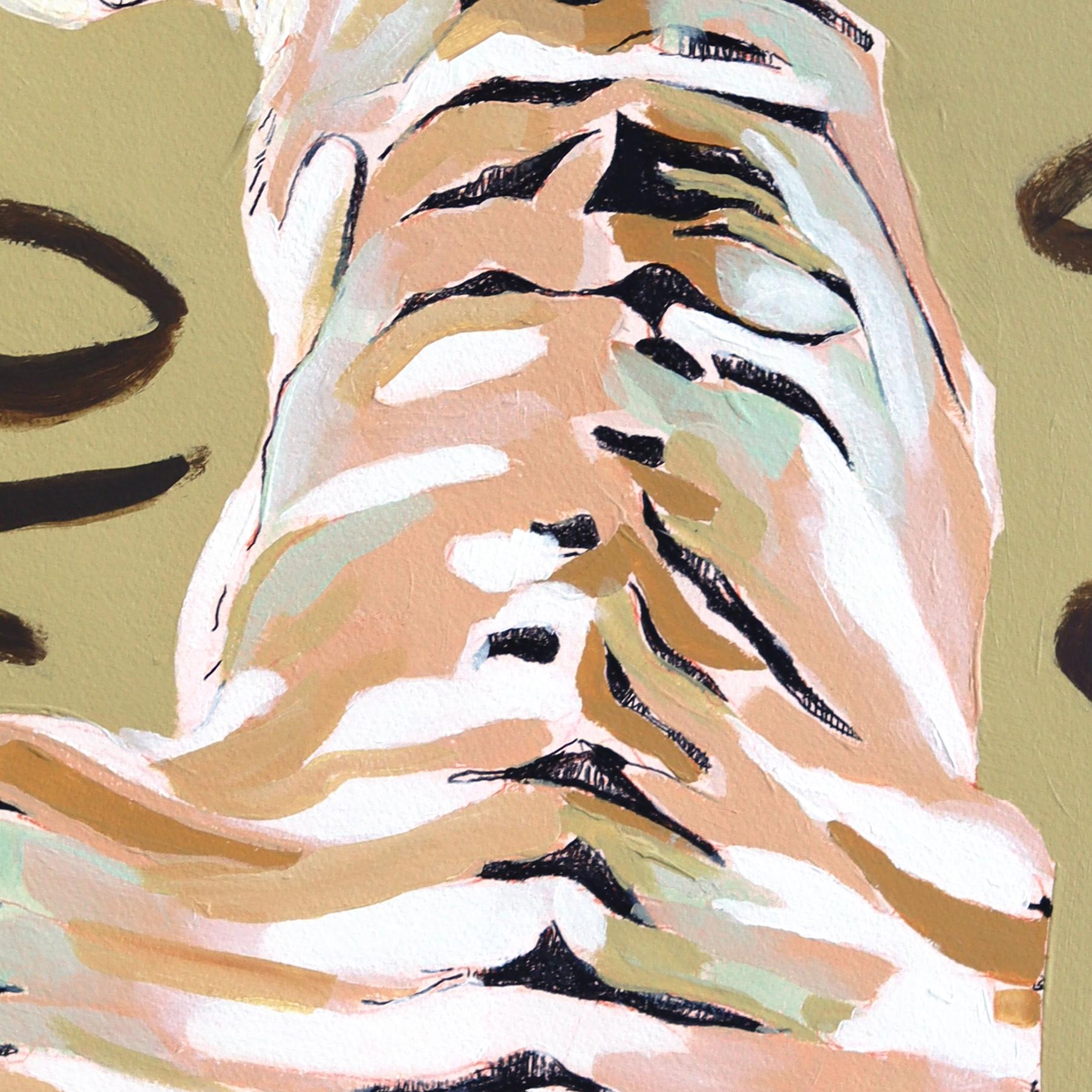 Pfoten und Streifen - Wildkatze Porträt Mixed Media Warm Tone Malerei auf Papier im Angebot 1