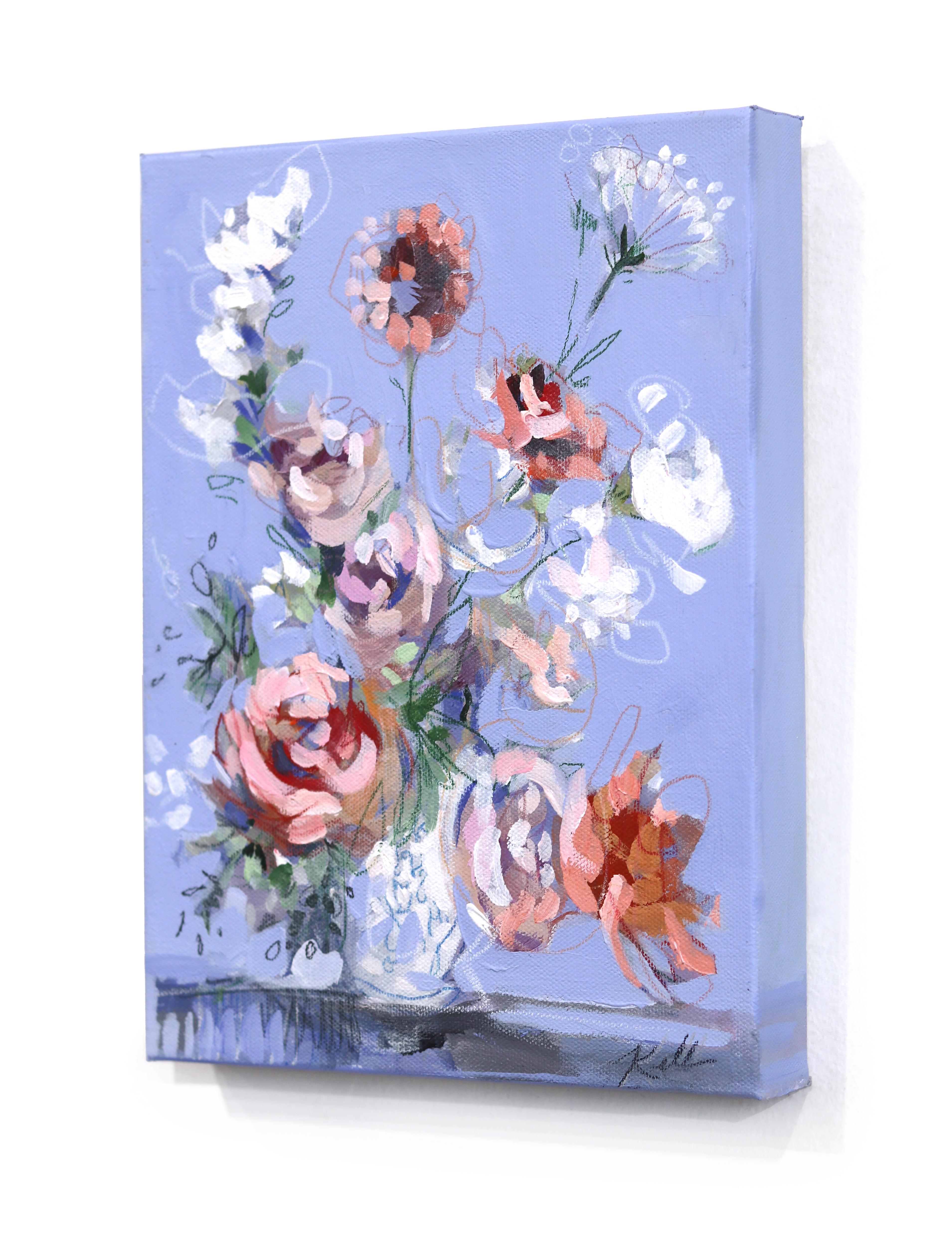 Pervenche - Nature morte florale au pastel sur toile en vente 1