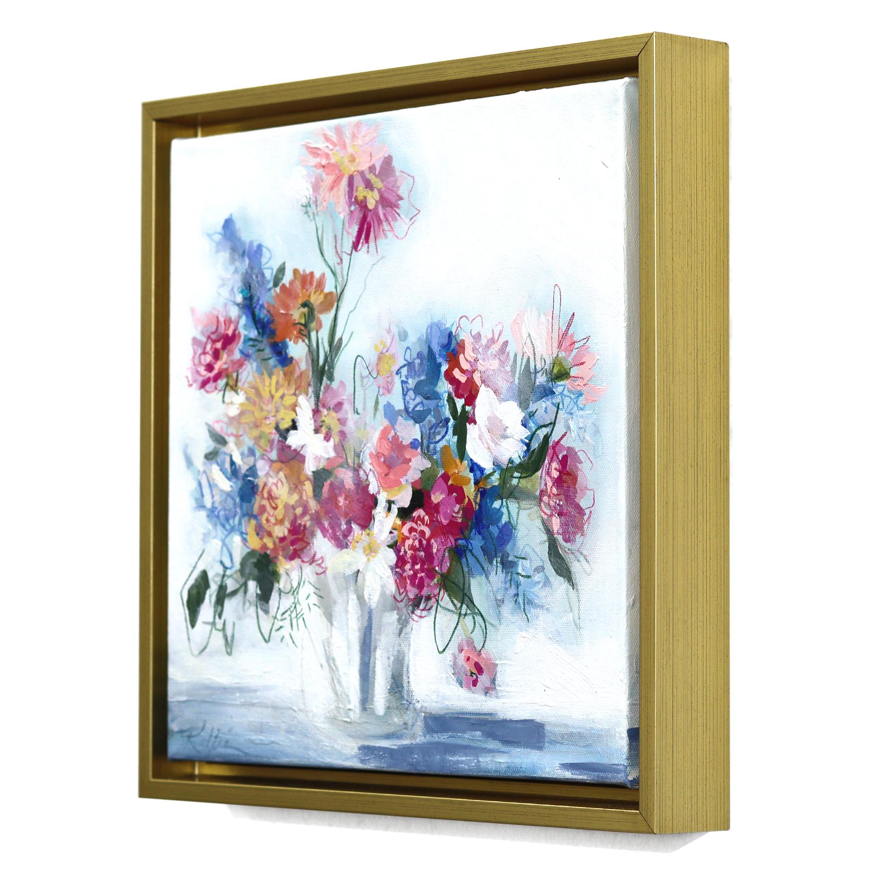 Rosa und Blau, Sein und Ihr - Gerahmtes Abstraktes Buntes Blumenstillleben Kunstwerk im Angebot 1