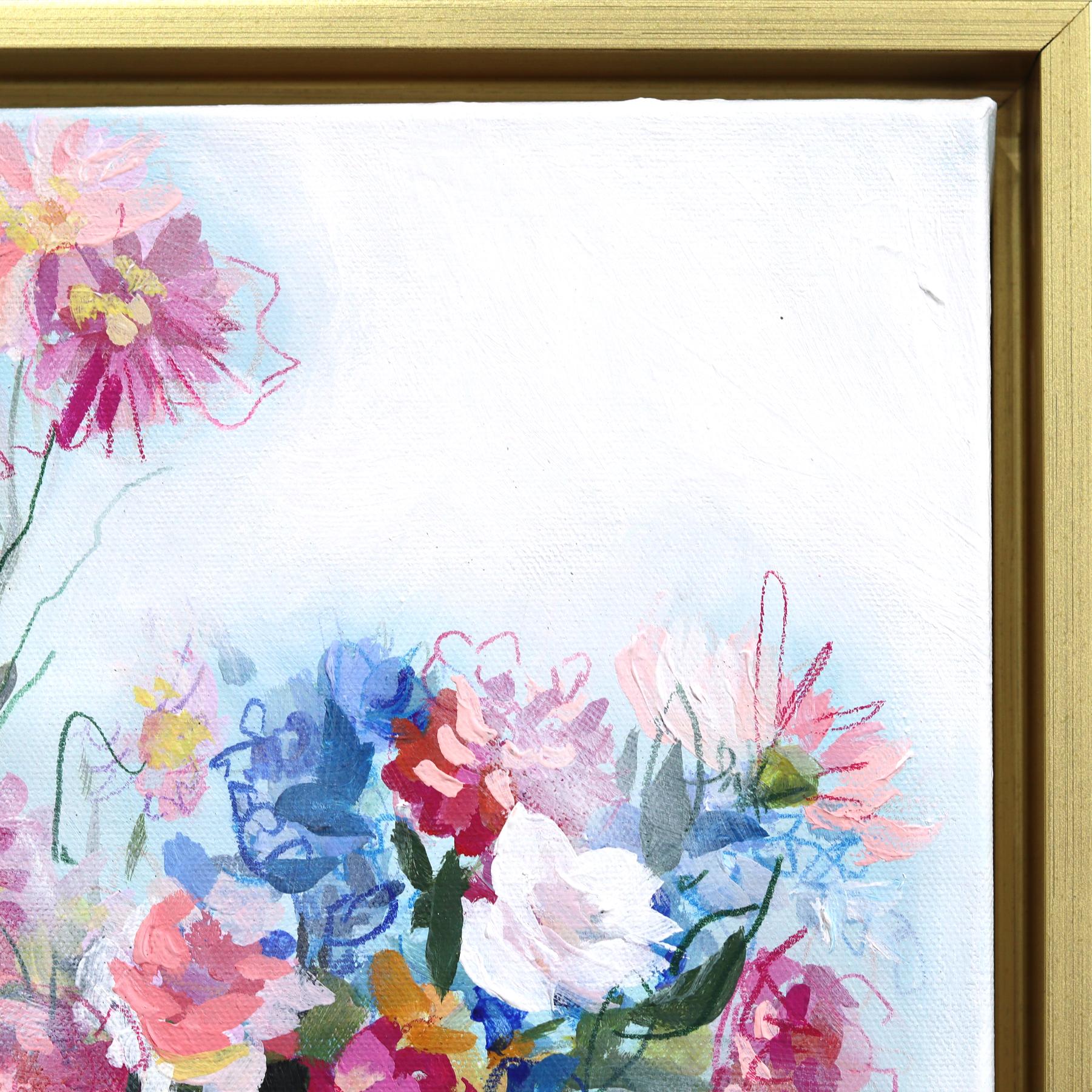 Rosa und Blau, Sein und Ihr - Gerahmtes Abstraktes Buntes Blumenstillleben Kunstwerk im Angebot 2
