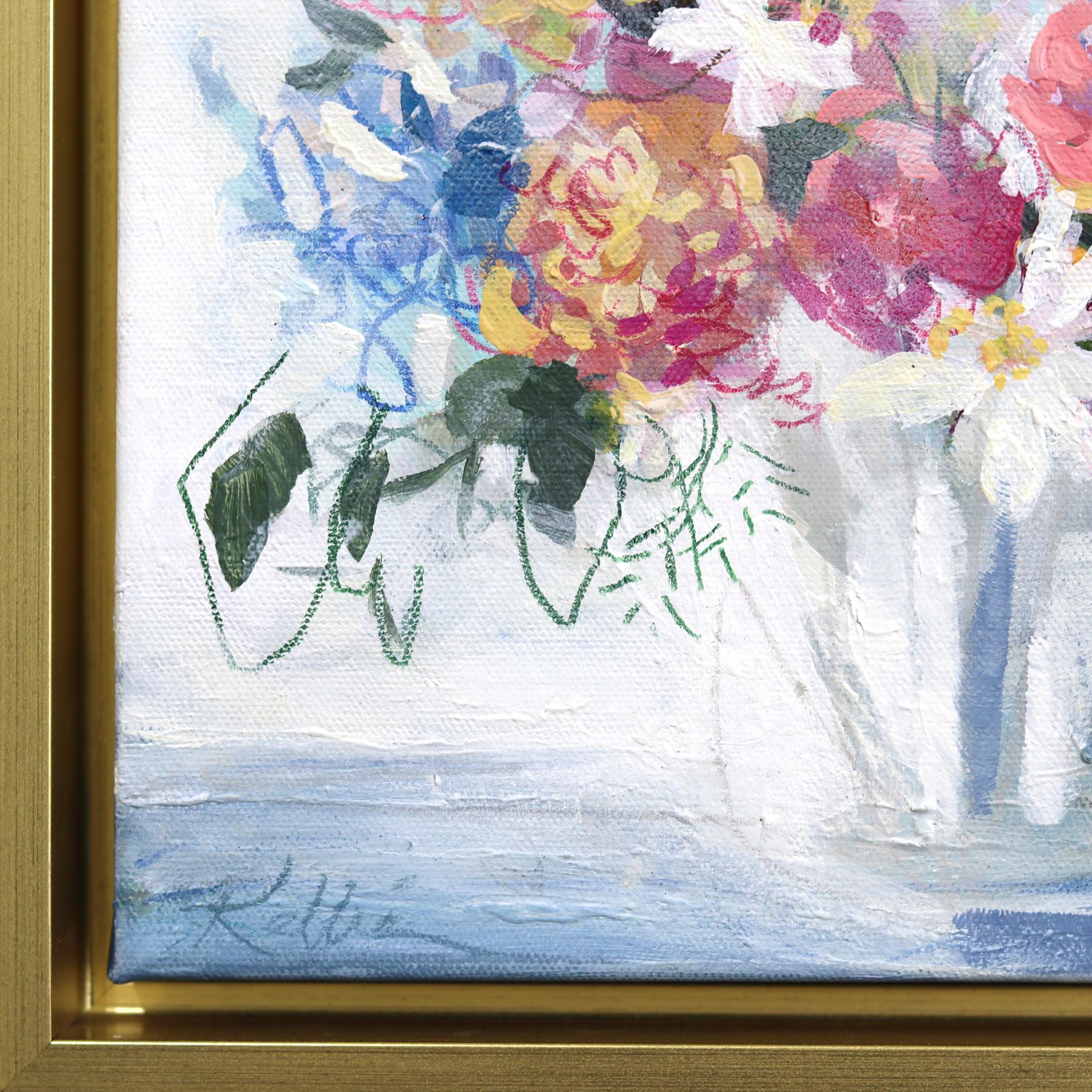 Rosa und Blau, Sein und Ihr - Gerahmtes Abstraktes Buntes Blumenstillleben Kunstwerk im Angebot 4