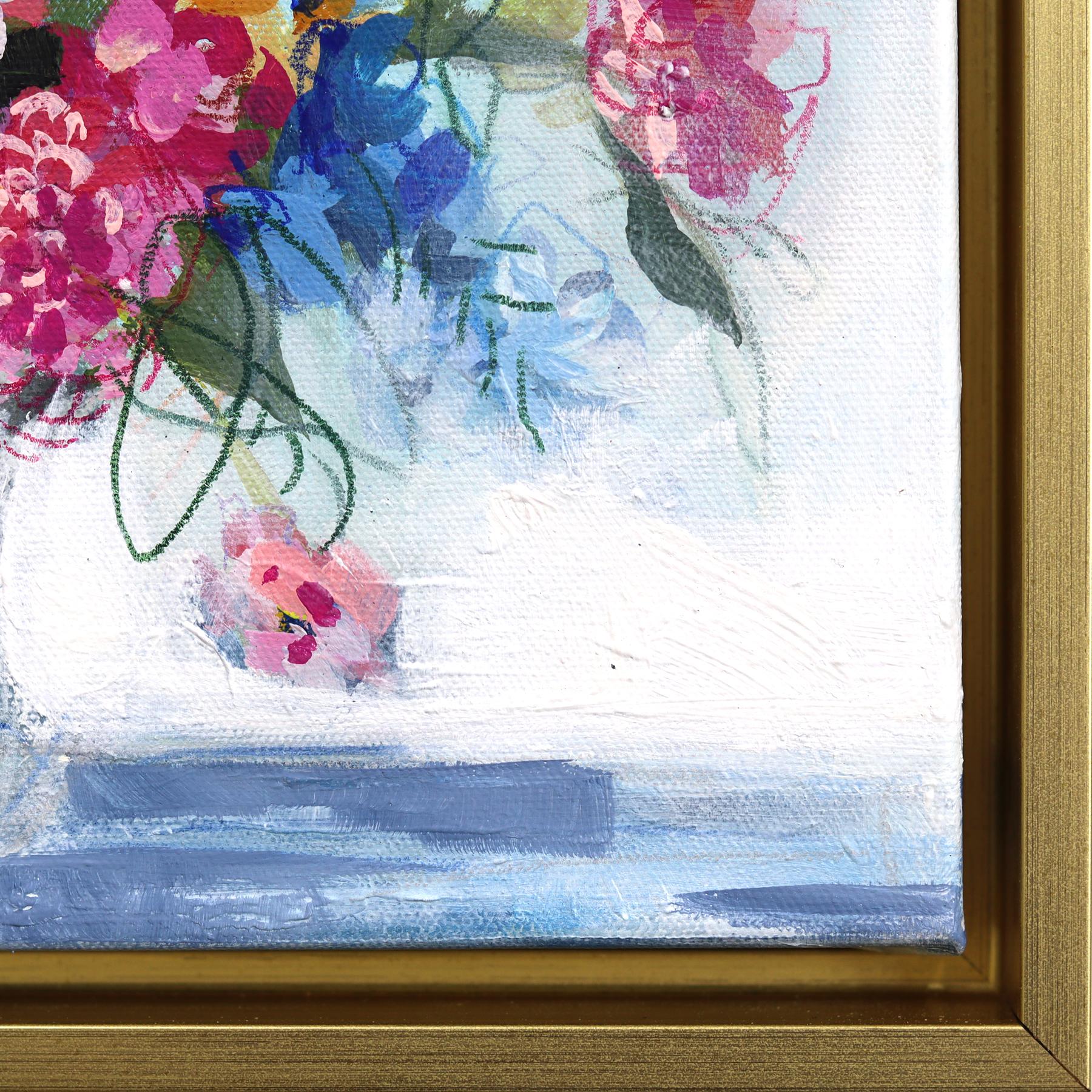 Rosa und Blau, Sein und Ihr - Gerahmtes Abstraktes Buntes Blumenstillleben Kunstwerk im Angebot 5