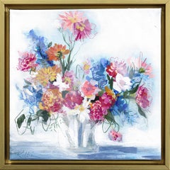 Rose et bleu, son et sa - Nature morte florale abstraite et colorée encadrée