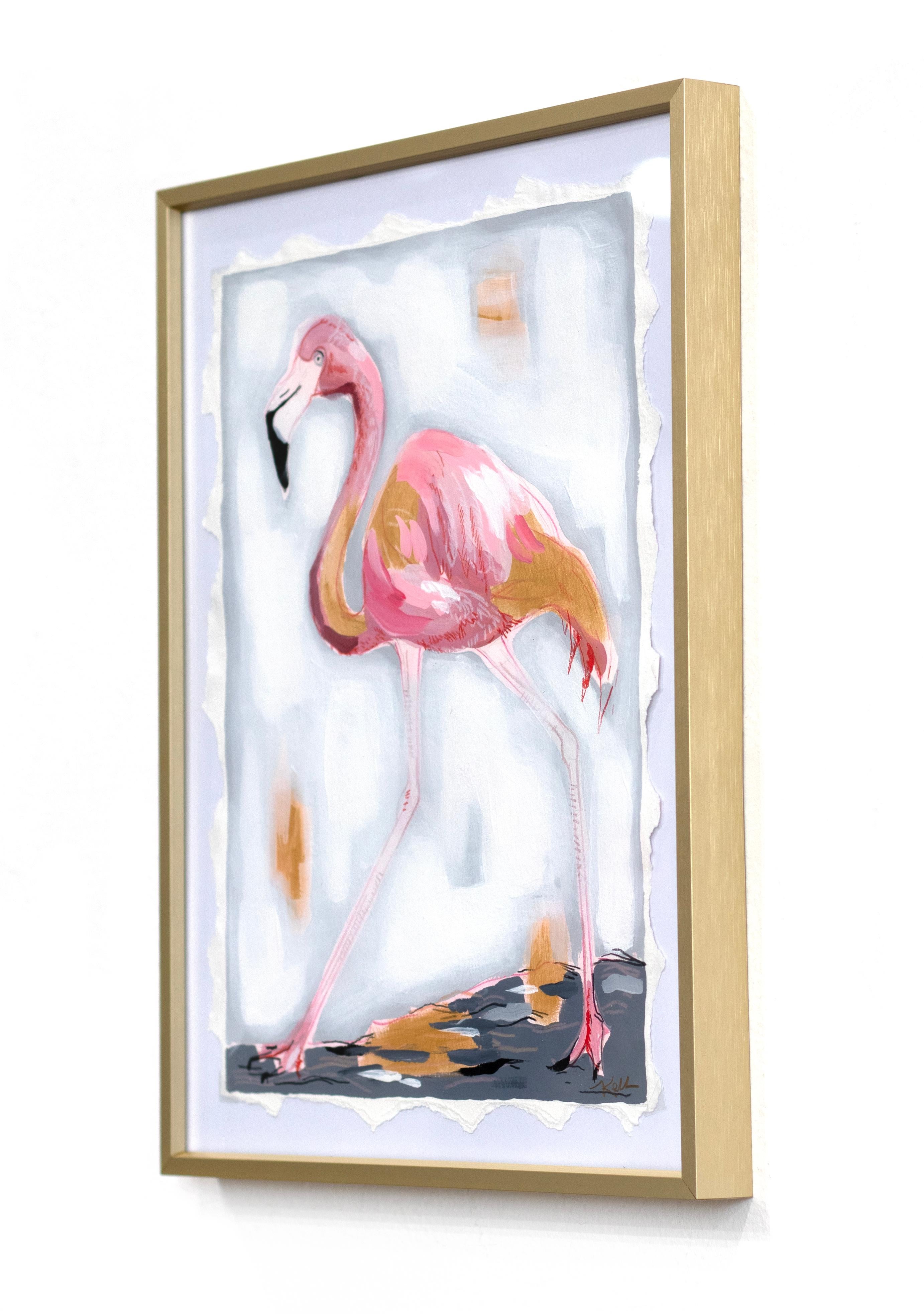 Pink Lady Walking Left - Pintura abstracta de flamencos sobre papel en marco dorado en venta 1