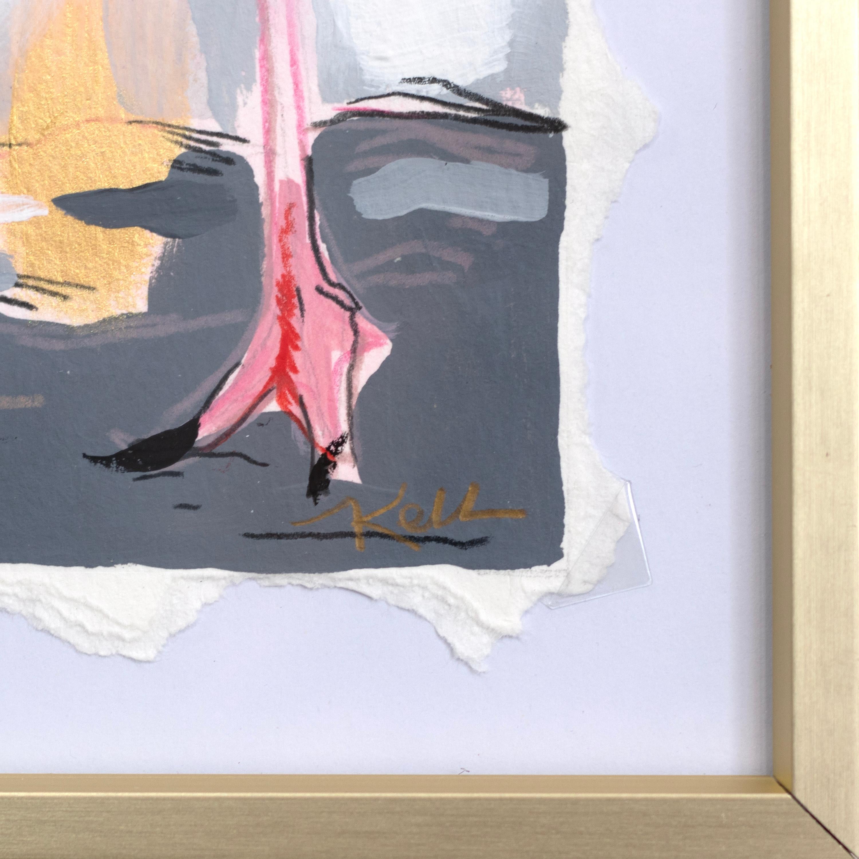 Pink Lady Walking Left - Pintura abstracta de flamencos sobre papel en marco dorado en venta 5