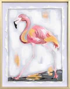 Lady Pink che cammina a sinistra - Fenicottero astratto dipinto su carta con cornice dorata