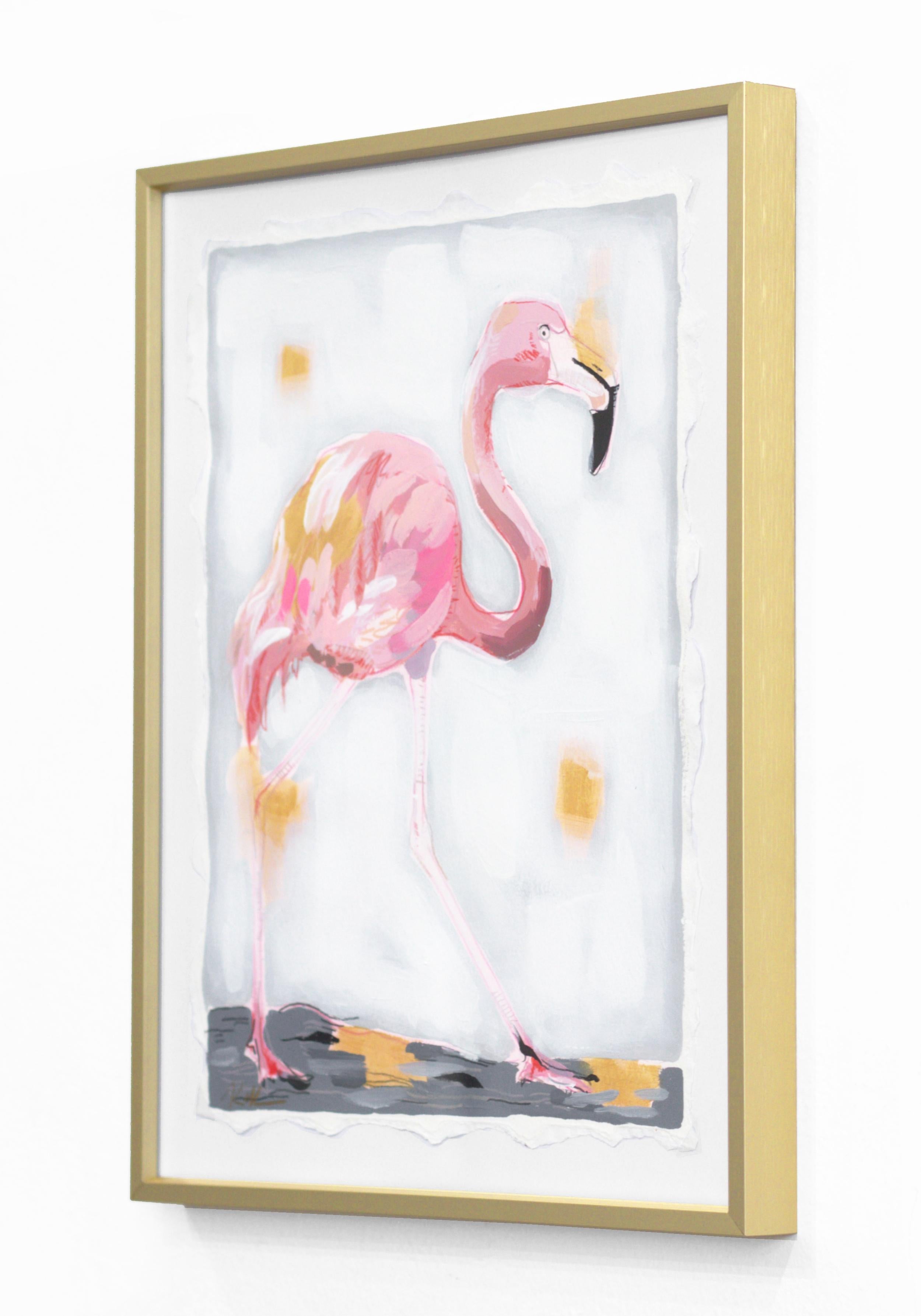 Pink Lady Walking Right  - Original Framed Colorful Pink Flamingo Animal Artwork - Contemporary Painting by Kellie Newsome