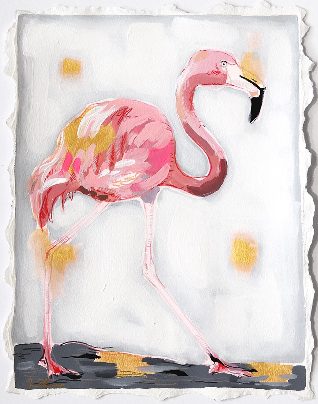 Pink Lady Walking Right  - Original Framed Colorful Pink Flamingo Animal Artwork For Sale 3