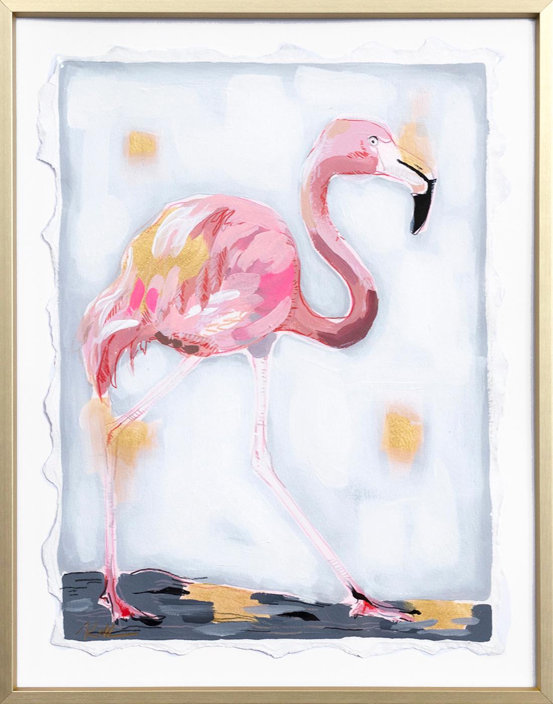 Pinke Dame geht nach rechts  Original gerahmtes, farbenfrohes, rosa Flamingo-Tierkunstwerk in Flamingo-Optik