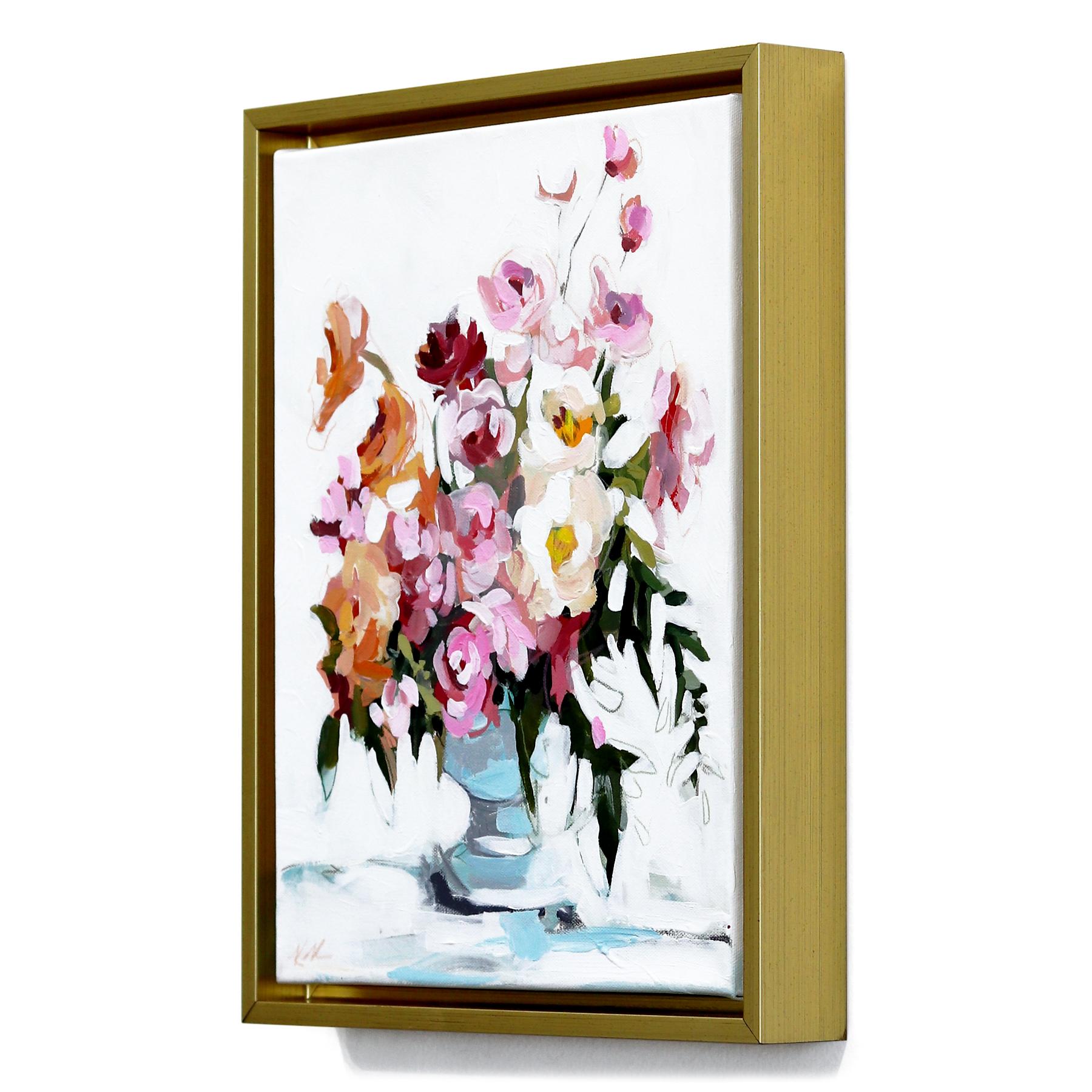 Pink & Peach Kisses  - Original Framed Floral Still Life Painting on Canvas For Sale 1