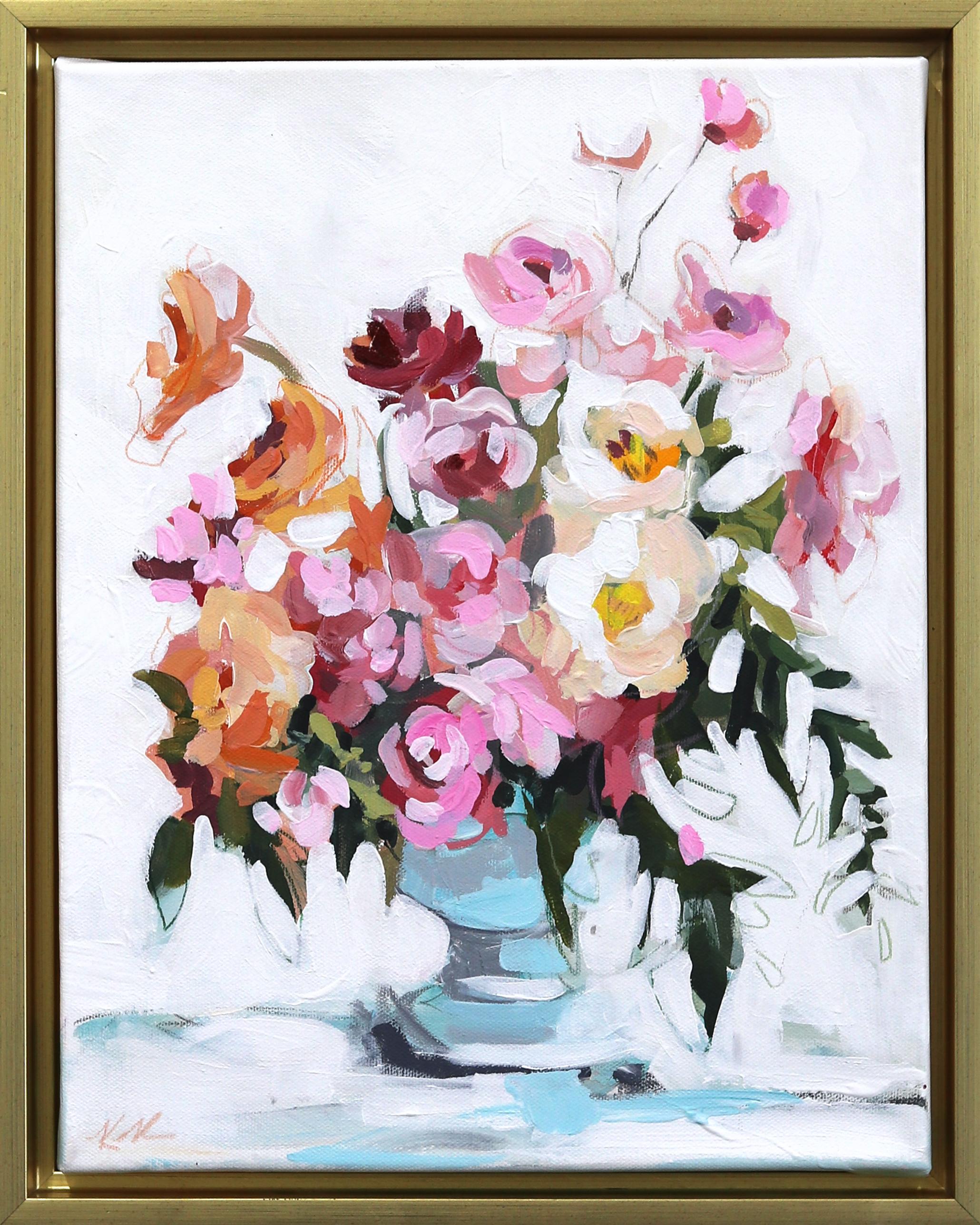 Rosa & Pfirsich Küsse  - Original gerahmtes Blumenstillleben Gemälde auf Leinwand