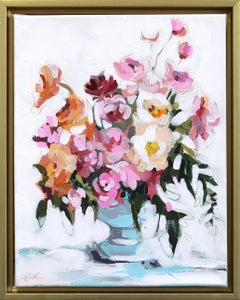 Rosa & Pfirsich Küsse  - Original gerahmtes Blumenstillleben Gemälde auf Leinwand