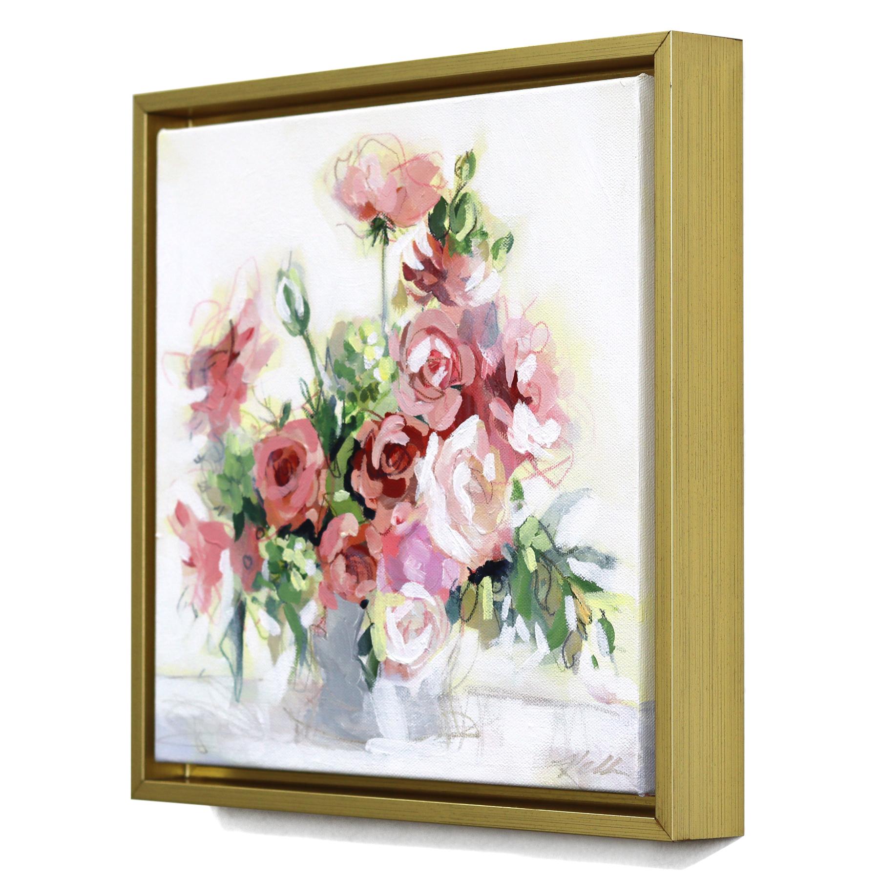 Pink Powder - Gerahmtes Abstraktes Buntes Stillleben Gemischtes Medienkunstwerk auf Leinwand (Beige), Still-Life Painting, von Kellie Newsome